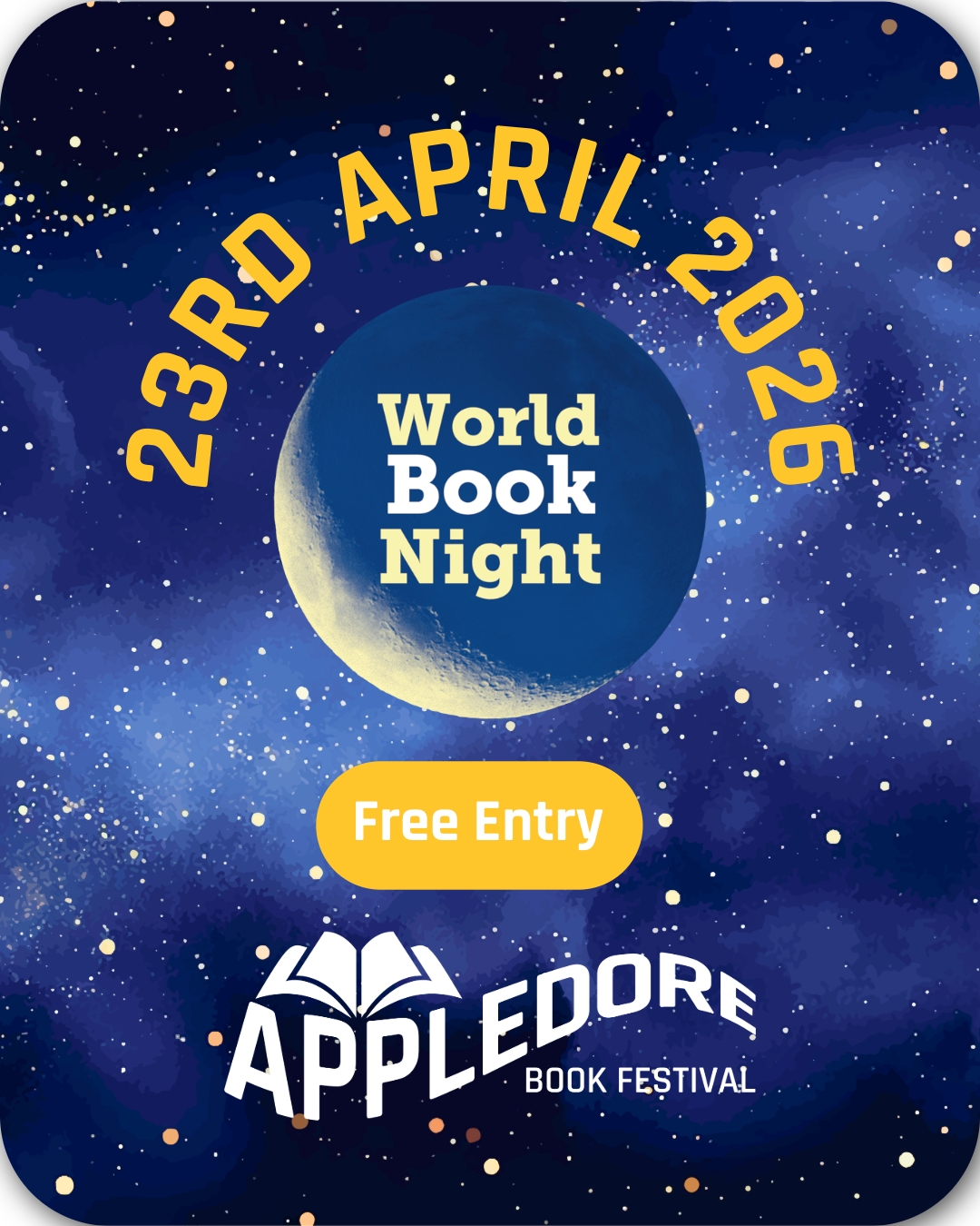 💫 Come and celebrate World Book Night with us, on Thursday 23rd April, 7-9pm, at St Mary’s Hall in Appledore. 🌒 📚
We’ll be hosting a relaxed evening of reading, refreshments and friendly conversation with fellow readers in the village.
ℹ️ World Book Night is part of The Reading Agency and run as one of the charity’s programmes as part of its work to inspire people to share reading and celebrate the difference it makes to our lives. It brings people from all backgrounds together for one reason – to inspire others to read more.
🆓 Entry is free! So if you’d like to join us, please email pat@appledorebookfestival.co.uk.
We look forward to seeing you there! 🤩