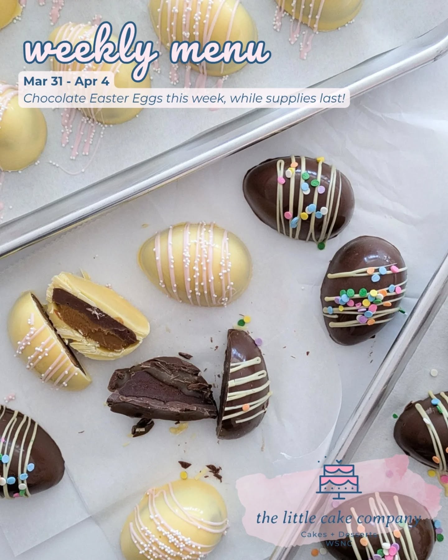 Happy Tuesday! We have two different Chocolate Easter Eggs for you this week: Cookie Butter and Salted Caramel. Come try them both!🌷✨