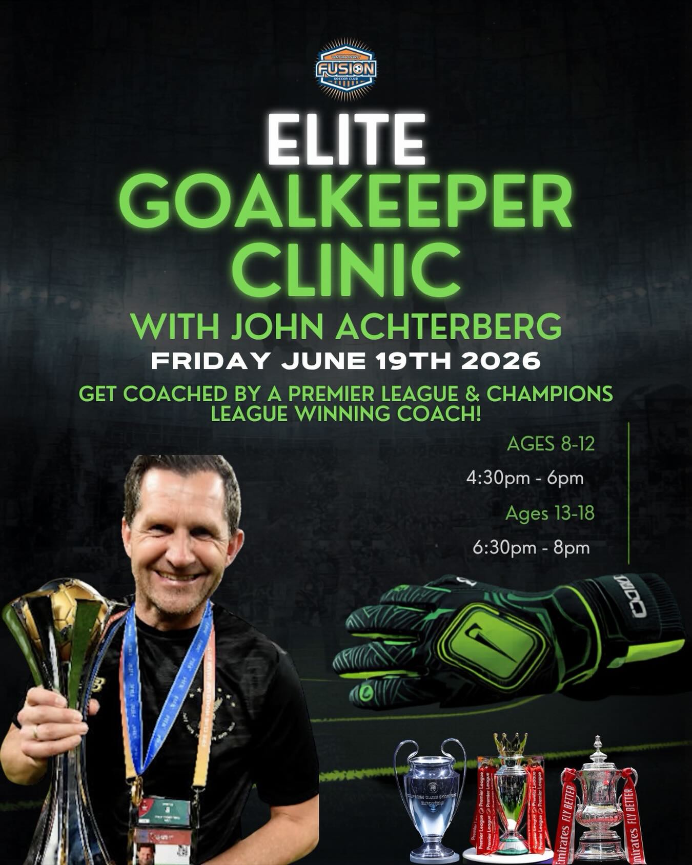 Train like the pros! 🧤🔥 John is BACK!
Join us this June in Ventura for an Elite Goalkeeper Clinic with world-renowned GK coach John Achterberg — one of the most decorated goalkeeper coaches in modern football history.
🏆 3x FIFA Goalkeeper Coach of the Year
🏆 UEFA Champions League Winner
🏆 2x FA Cup Champion
🏆 2x EFL Cup Winner
🏆 2x Community Shield Winner
🏆 FIFA Club World Cup Champion
This is your chance to step onto the field and train the same techniques used by Premier League stars — directly from a coach who’s operated at the very top of the game.
⚡ Learn elite shot-stopping
⚡ Master positioning & decision-making
⚡ Train in a high-intensity, pro-level environment
Camp open to all levels!
Spots will go fast — don’t miss out.
👉 Register now – Link in bio!