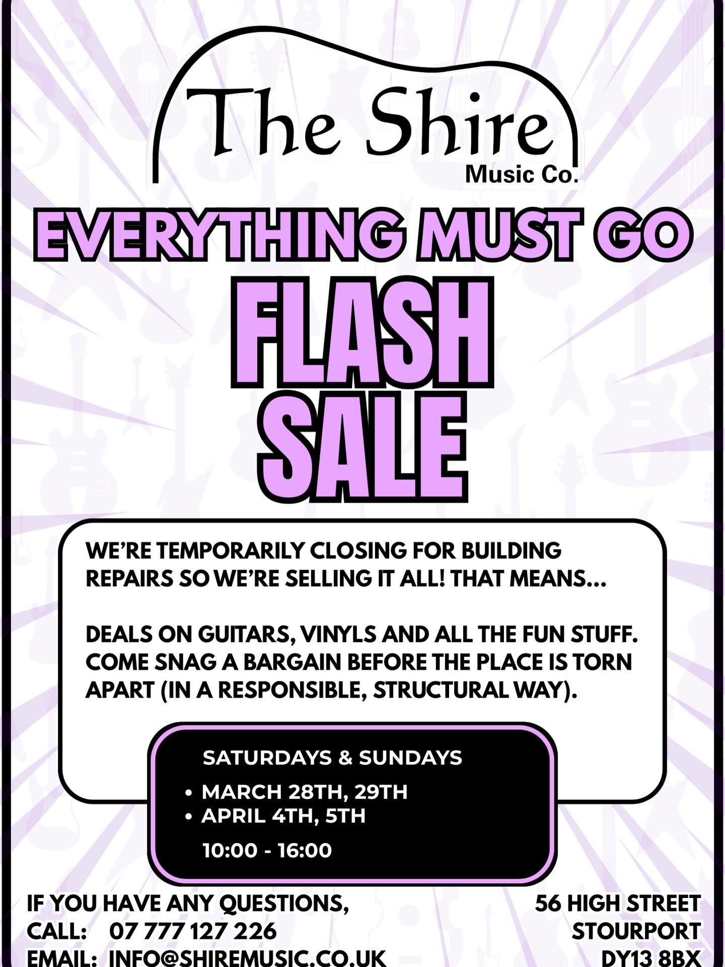 Everything must go FLASH SALE 🚨
We’re temporarily closing for building repairs, so we’re clearing out EVERYTHING at The Shire Music Co this weekend. 😄
🔥 GREAT DEALS 🔥
🎸 Guitars – heavily reduced
💿 Vinyl records – £1 per album
🎶 12” singles – from £0.50
📀 CDs – £0.50
🔊 Second-hand HiFi speakers available
🔈 Pre-owned amps
🎲 Warhammer – 20% OFF
And much more!💜
There’s loads to dig through, perfect for collectors, musicians, and bargain hunters!
💥 interested in bulk buying the records? Give us a call. 📞
📍 56 High Street, Stourport, DY13 8BX
🕙 Saturdays & Sundays, 10:00 – 16:00
Message us if you’ve got any questions or want to enquire about bulk deals! 😁