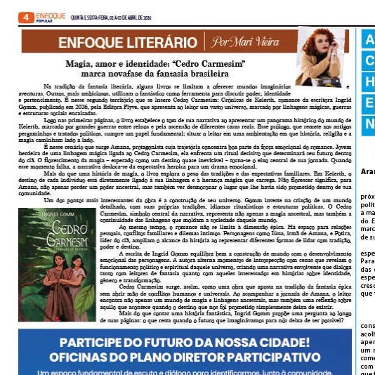 Cedro Carmesim foi destaque na coluna Enfoque Literário, da maravilhosa Mari Vieira (@euvieiramari) — um espaço que valoriza a literatura nacional para além do óbvio.
E não foi só uma menção. Foi uma leitura atenta sobre identidade, amor e pertencimento dentro da fantasia.
Ver minha história sendo interpretada dessa forma… muda alguma coisa.
Se você quer entender o que existe por trás de Cedro Carmesim, ou descobrir se essa história também é pra você, vale a leitura:
🔗 https://post.tv.br/2026/04/02/magia-amor-e-identidade-cedro-carmesim-marca-nova-fase-da-fantasia-brasileira/
Depois me diz: você já entrou nesse mundo ou ainda está só observando de longe?
#romantasia #bissexual #literaturasafica