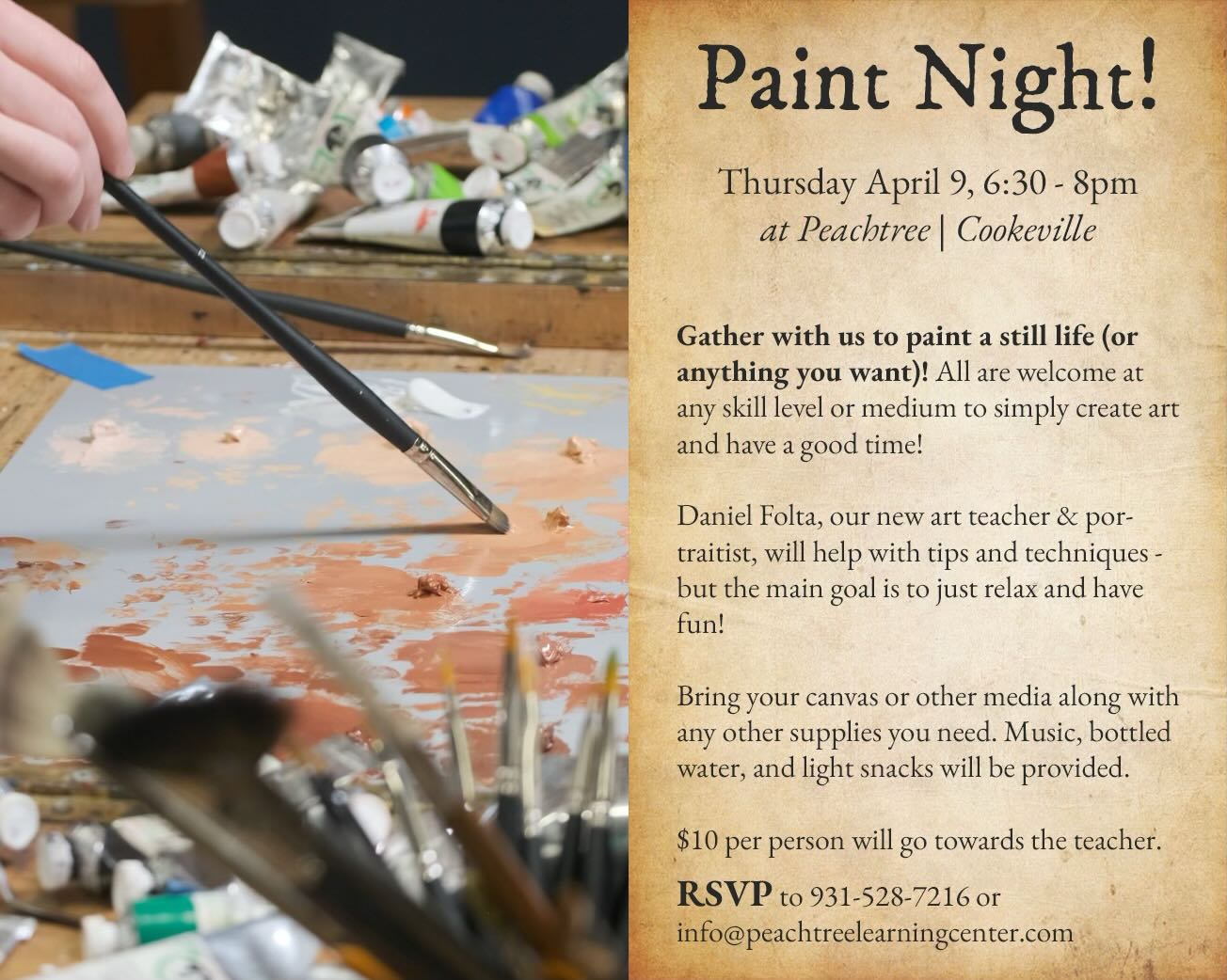 Our next Paint Night is NEXT Thursday!! Call to sign up or email, or better yet drop in!!