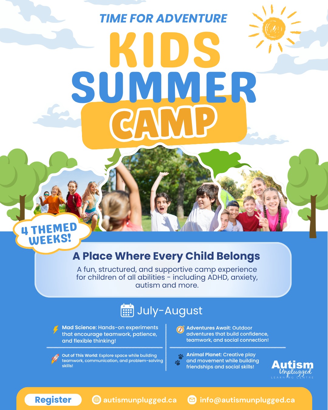 ☀️ It’s Back. ☀️ Autism Unplugged Summer Camp is returning, and we couldn’t be more excited.
.
Our summer programs are designed to be more than just a way to fill the day.
This is where kids build real confidence, real connections, and real-life skills, in an environment that truly understands them.
.
Our camps are open to any child who would benefit from structure, social skill development, and a supportive environment.
.
Each week brings new experiences, guided social opportunities, and hands-on activities designed to help children connect, regulate, and grow.
.
✨ Weekly themed programming
✨ Social skill development built into every day
✨ Structured, supportive environment
✨ Opportunities to build friendships and confidence
.
Spots are limited to ensure the right level of support for each child.
.
📍 Georgina
📅 Weekly programs running all summer
.
👉 Register here:
https://www.autismunplugged.ca/summercamp
.
Link also in bio.
.
This is the kind of summer that doesn’t just fill time,
it builds something that lasts. 💙
.
#InclusiveCommunity #AutismUnplugged #Keswick #Pefferlaw #Sutton #MountAlbert #EastGwillimbury #ShopLocalGeorgina #Georgina #ExploreGeorgina #GeorginaMatters #GeorginaBusiness #AutismAwareness #SensoryFriendly #GeorginaMoms #YorkRegionMoms #KeswickMoms #EastGwillimburyMoms #SuttonMoms #LocalMoms #YorkRegionParents #SummerCampGeorgina #SocialSkills