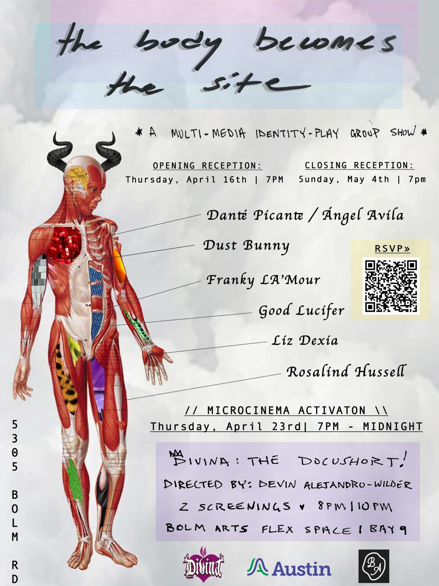 Hey y’all! The time has come to announce Bolm’s April Gallery show!! 💗🖼️💗
Opening NEXT THURSDAY, April 16th from 7-10pm we’re absolutely thrilled to host 𝙩𝙝𝙚 𝙗𝙤𝙙𝙮 𝙗𝙚𝙘𝙤𝙢𝙚𝙨 𝙩𝙝𝙚 𝙨𝙞𝙩𝙚—a multi-media identity-play group show featuring: Danté Picante / Ángel Avila, Dust Bunny, Franky LA’Mour, Liz Dexia, Good Lucifer, and Rosalind Hussell, curated by Devin Alejandro-Wilder.
Unveiling in step with Austin’s ✨Third Thursdays ✨𝙩𝙝𝙚 𝙗𝙤𝙙𝙮 𝙗𝙚𝙘𝙤𝙢𝙚𝙨 𝙩𝙝𝙚 𝙨𝙞𝙩𝙚 spotlights and showcases the expansive creative practices of lgbtqia+ local drag entertainers working across conceptualism, installation, experimental video, performance, and new media.
Additionally on Thursday, April 23rd, there’s going to be a very special microcinema activation in our new adjacent “flex space” 🙀 to host the *debut* screening of 𝐃𝐢𝐯𝐢𝐧𝐚: 𝐓𝐡𝐞 𝐃𝐨𝐜𝐮𝐬𝐡𝐨𝐫𝐭—a fan-made diy telling of Austin’s longest running all-latinx drag show, Divina.🍿😸📽️❤️🔥
Premiering via 2 screenings at 8pm + 10pm the gallery will be open with extended hours from 7pm - midnight for a community ki in celebration of local queer talent and excellence. 🪩💐
RSVP/ticket links + accessibility info for the screening can be found in our bio & we hope to see you there! 🌻
❤️🧡💛💚💙💜🤎🖤