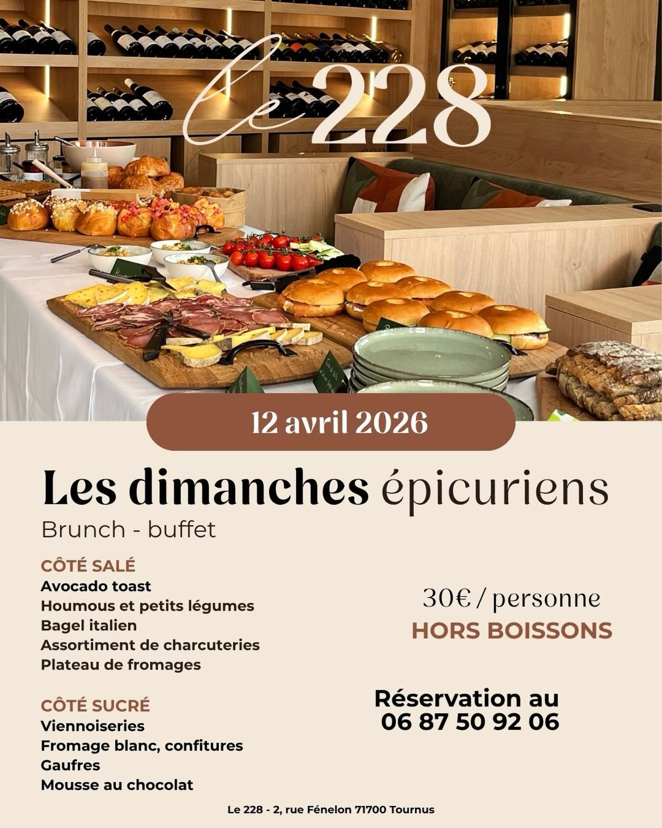 ✨C’est le retour des dimanches épicuriens ! ✨
Rendez-vous le dimanche 12 avril pour le premier brunch de la saison. 🍳🥐
Au programme : des produits frais, gourmands, du fait maison… le tout servi en formule brunch.
Côté boissons, retrouvez notre carte des vins habituelle ainsi que d’autres boissons. ☕🍷🍹
📅 Dimanche 12 avril
🕦 À partir de 11h30
📍 Sur réservation (places limitées)
On a hâte de vous retrouver autour de ce moment convivial.💛