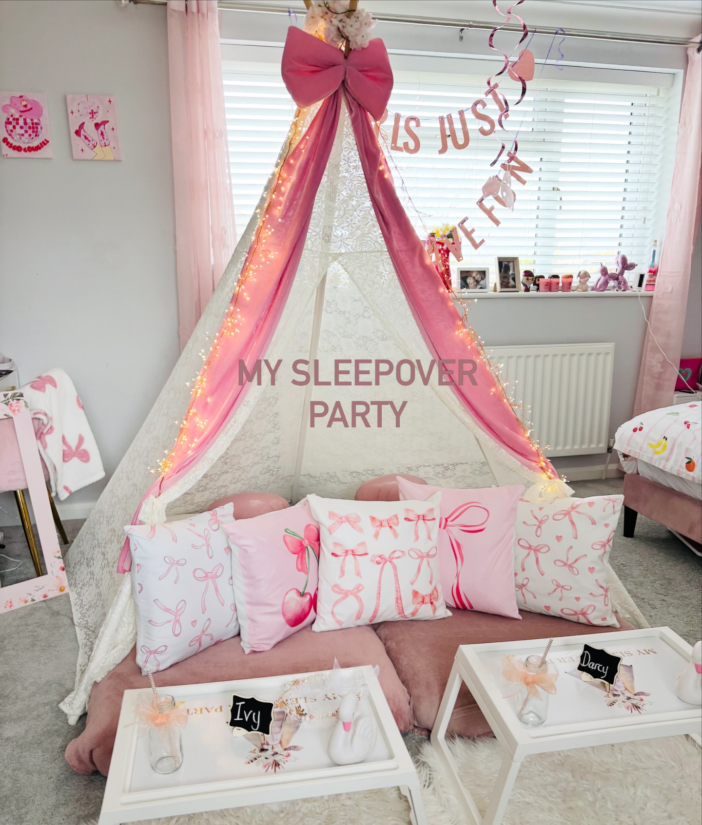 Bows and cherries in our stunning white lace wigwam for one very special little girl #teepeepartyhire #medway @laceyjhenderson