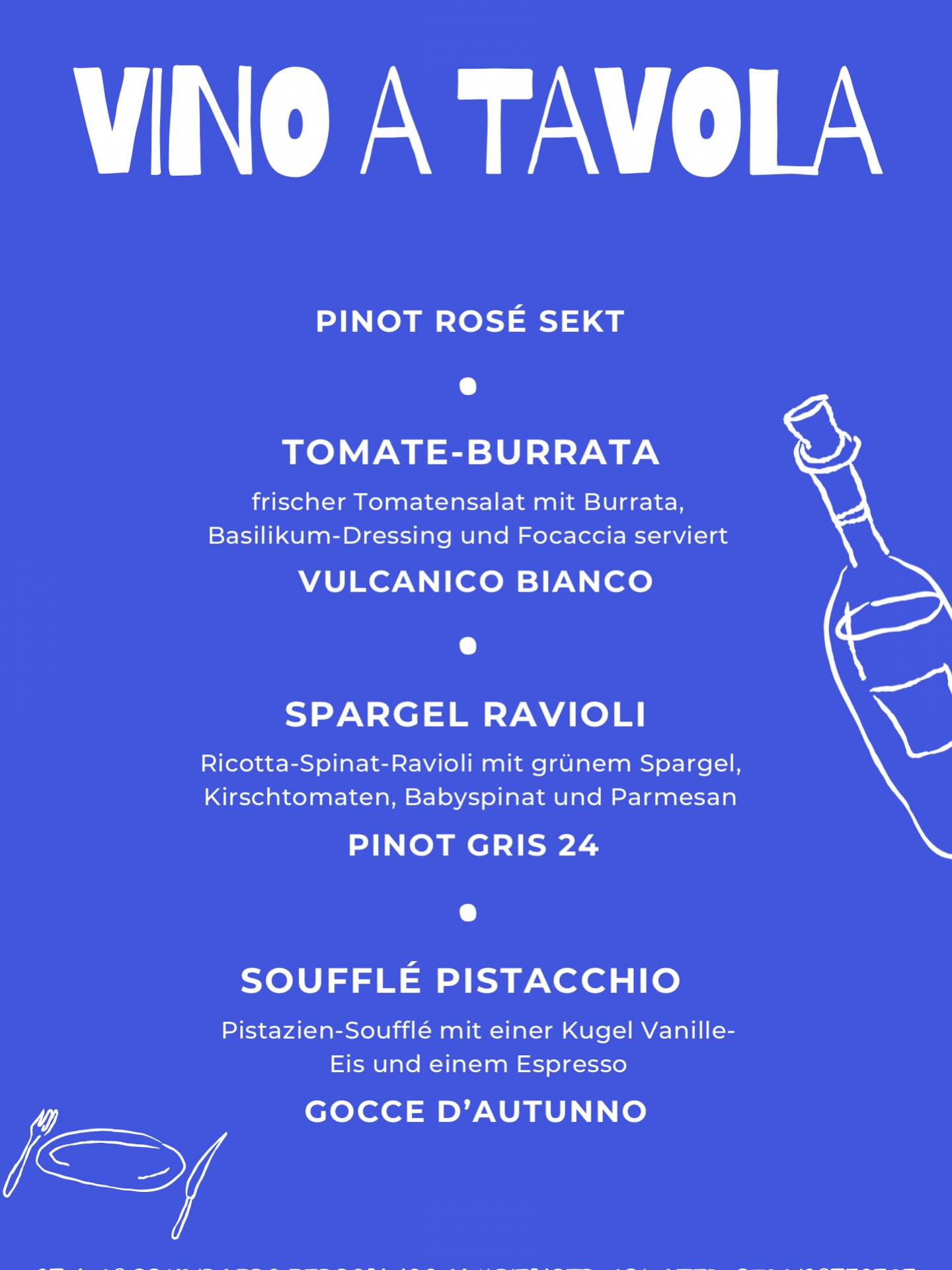 🍇Unser nächstes Event: Vino a Tavola 🍇
Das nächste Event findet am 25.04 um 18:00 Uhr, bei uns im @la_terrazza_freiburg statt.
Freut euch auf ein vegetarisches Drei-Gang-Menü mit ausgewählten Weinen von Raspini Winery.
Reserviert euren Tisch einfach über Instagram-DM 💌
Wir freuen uns auf euch :))