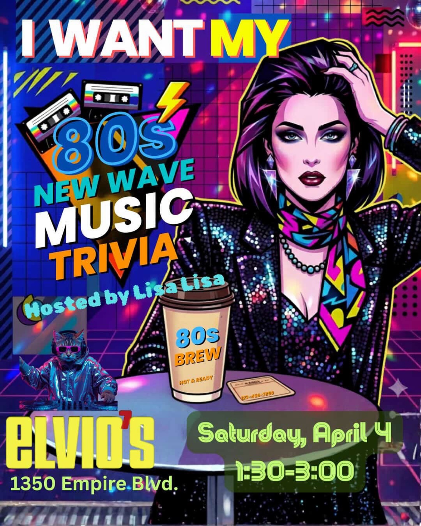 80s New Wave Music Trivia
1:30pm-3:00pm TODAY
Hosted by Lisa Lisa
On the Bay. 1350 Empire Blvd
#ElviosCoffee #MusicTrivia #80sNewWave #RochesterNY #WeekendPlans