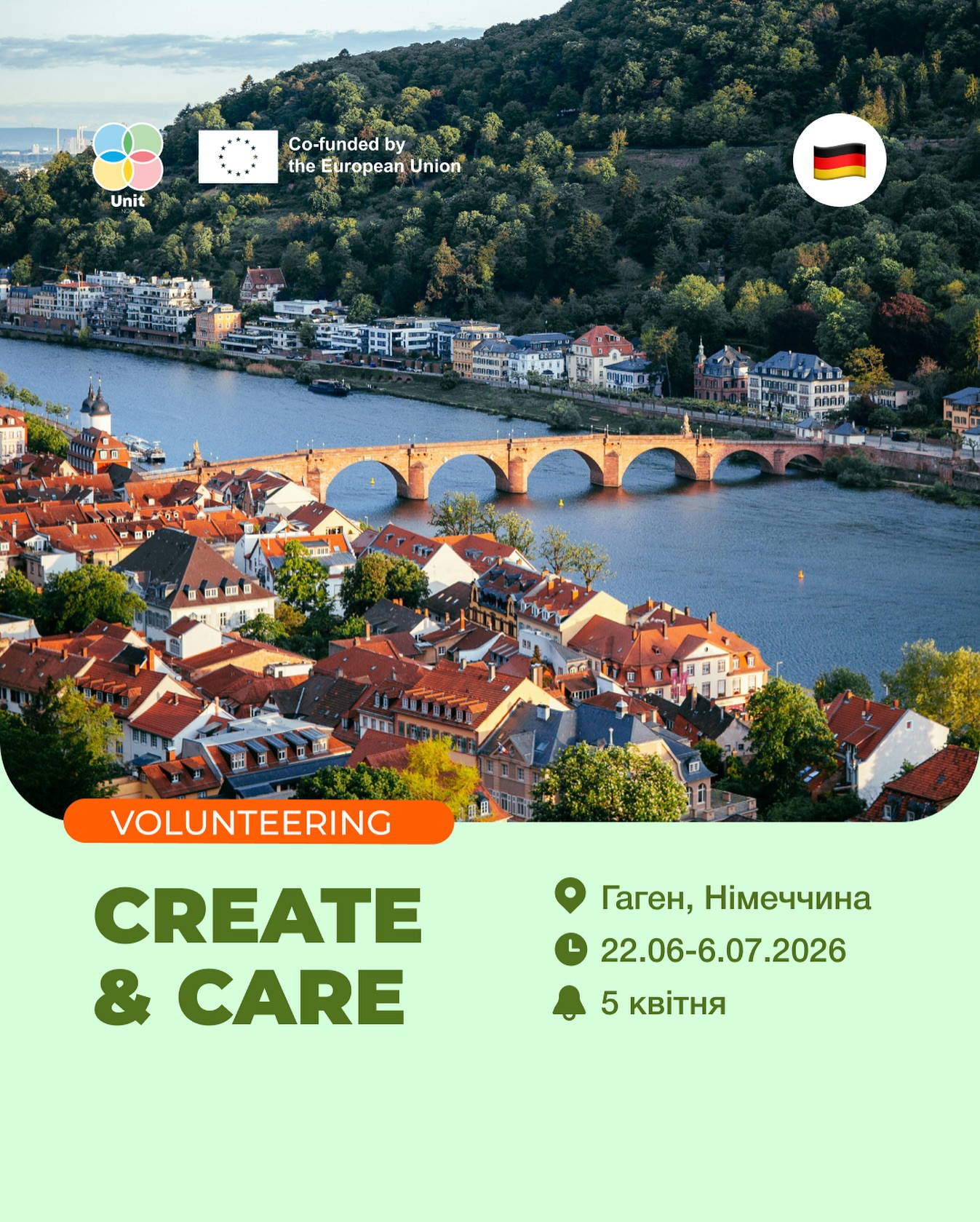 Пошук волонтерів на волонтерський проєкт в Німеччині «Create & Care»!
🌍Місце проведення: Гаген, Німеччина
📅Тривалість: 22.06-6.07.2026
🔥Дедлайн: 5 квітня (заявки розглядатимуться по мірі надходження)
Під час проєкту волонтери допомагатимуть організовувати та проводити заходи для дітей у місцевій громаді (гри, творчі майстер-класи, спортивні змагання та прості заходи, пов’язані зі сталим розвитком). Програма буде базуватися на методах неформальної освіти та зосереджена на креативності, командній роботі, участі та міжкультурному обміні. Важливою частиною проекту буде планування та організація невеликого дитячого та сімейного фестивалю разом з місцевими партнерами в Берхумі. Мета проекту – підтримати навчання дітей, заохотити креативність та зміцнити життя громади.
🔍Кого ми шукаємо?
➡️ учасників/-ць з українським громадянством, віком 18-30 років (попередній досвід роботи з дітьми буде перевагою, але не вимагається);
➡️ з вільним володінням англійською мовою;
➡️ з активною громадянською позицією.
💰Фінансування:
Проєктом покриваються витрати на проживання з усіма зручностями. Дорога до та з місця проведення покривається приймаючою організацією в межах ліміту, відповідно до калькулятора дистанції. Щомісяця волонтер буде кишеньковими коштами та коштами на харчування.
❗️Надсилайте свої резюме англійською мовою та мотиваційний лист ЯКНАЙШВИДШЕ, але не пізніше 5/04/2026 23:59 на пошту ➡️info@ngo-unit.org
В темі листа просимо зазначити «ESC Hagen»
Заявки розглядатимуться по мірі надходження.
Інфопак - https://bit.ly/4c8qoTw
Дякуємо за поширення допису серед друзів!
#ngo_unit #esc #project