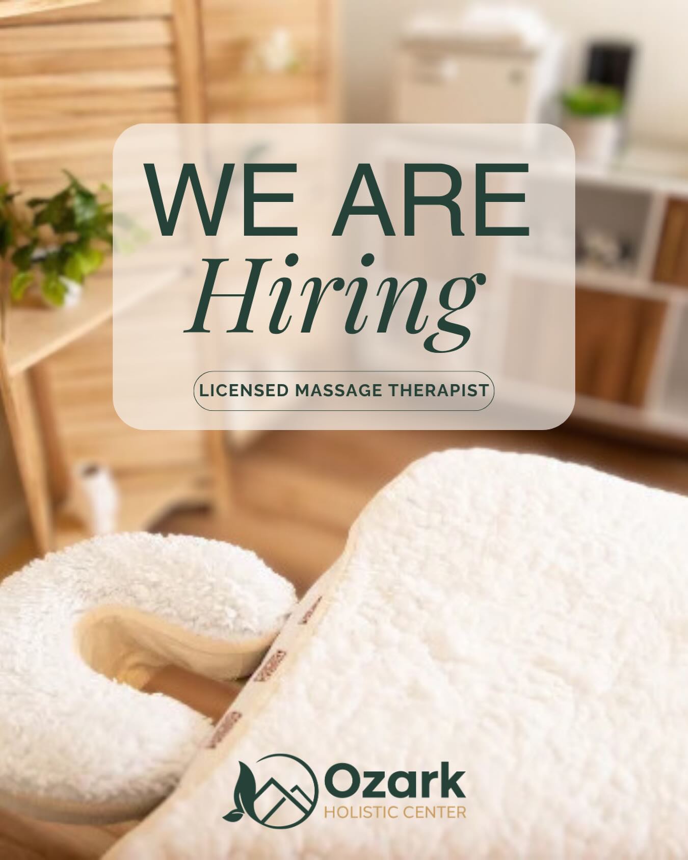 Now Hiring: Licensed
Massage Therapist 🌱
Our massage program is growing, and we’re adding to our team!
✓ Furnished rooms & supplies
✓ Percent-based pay
✓ Front desk & scheduling support
✓ Flexible hours & ongoing marketing
✓ Established client base
Must be a Licensed Massage Therapist with a holistic, client-centered approach to care. Send this to an LMT you’d love to see at Ozark Holistic Center!
Email resumes to: sara@ozarkholisticenter.com 💌
#NowHiring #LMT #FayettevilleAR #MassageTherapist #JoinOurTeam