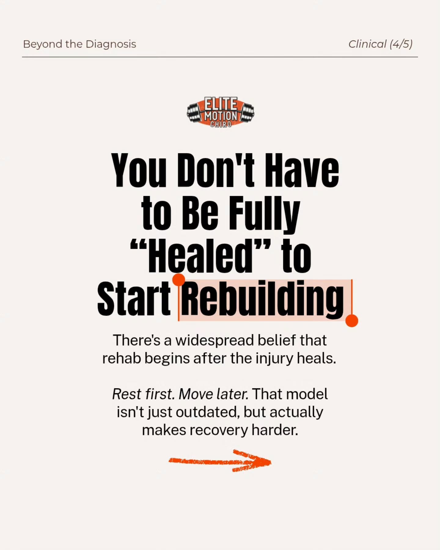 When you're told that you have a "muscle tear", the first instinct is to let is heal. But that's not what the science actually says.
❕️Rest is essential to helping your body recover, but *only* resting will likely hold you back for longer. This process is more of a spectrum than "yes" or "no".
❌️ On one end, there are severe injuries that absolutely need to be rested.
✅️ But most people land in the middle, where a slight strain or tear will actually rehab better with movement at your currently level of capacity in order to maintain mobility while rebuilding strength.
Most advice leans conservative, assuming the worst without a proper assessment of your actual injury and capacity. And that kind of advice often scares people away from movement for longer than it should.
📍 If you're unsure where on the spectrum you land, come see me in the clinic for a free, 15 min in-person injury screening to get some clarity and guidance. Link in bio 🔗