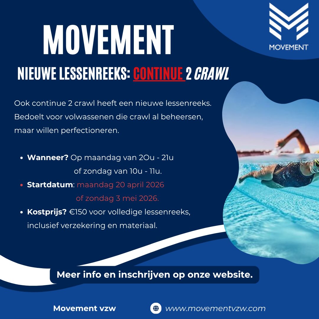 Ook continuz 2 crawl verlengd zijn lessenreeks. Wil jij je techniek verder inoefenen, verbeteren of perfectioneren? Schrijf je dan nu in voor de volgende reeks en we zien elkaar dan snel in het Stedelijk zwembad van Oostende ๐ฌ #continue2crawl #dolfijnelessen #movement