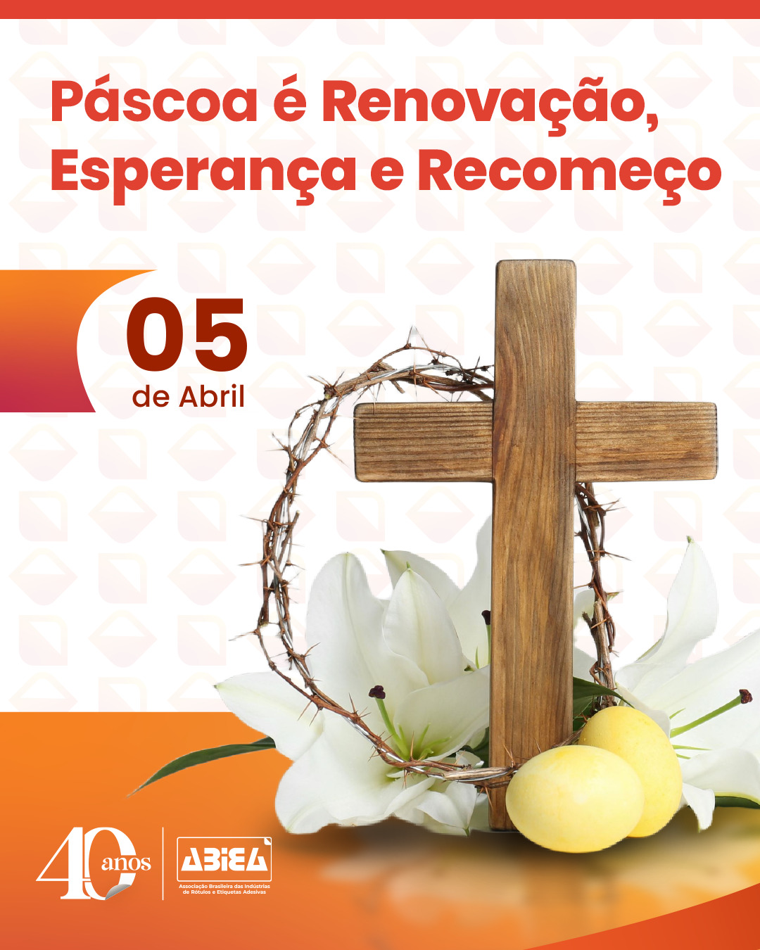 Nesta Páscoa, mais do que celebrar tradições, é tempo de refletir sobre o seu verdadeiro significado:
Renovação, Esperança e Recomeço.
Que este momento inspire novas ideias, e renove a confiança em um futuro construído com propósito, ética e colaboração.
Seguimos juntos, transformando desafios em oportunidades e cultivando relações que fazem a diferença.
Desejamos Feliz Páscoa!