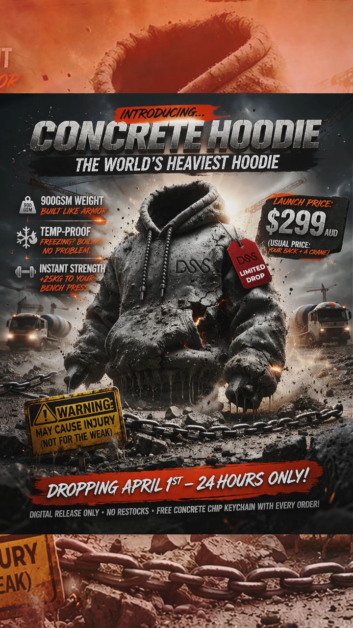 🚨 INTRODUCING: THE CONCRETE HOODIE 🚨
900GSM. Built like a brick. Probably illegal in 3 states.
We’ve officially gone too far…
This is hands down the heaviest hoodie ever made.
✔️ 100% cement blend
✔️ Improves posture (forced)
✔️ Guaranteed to outlast you
Weight: Approx. 12kg 💀
Comfort: Debatable
Drip: Elite
💰 LIMITED DROP: $299 each
(Local pickup only… you’ll need backup to carry it.. Crane Recommended)
Alright… you got us 😅
April Fools.
But if you actually want premium custom hoodies that look elite and last, that’s where we come in.
At DSS, we don’t do cheap throwaway merch.
We build gear your brand can stand behind.
🔥 Custom hoodies from 10pcs
🔥 Premium blanks available (320–420gsm)
🔥 Full colour prints, embroidery, screen print options
🔥 Delivered ready to wear
👉 DM “APRIL” and we’ll sort you out with a deal
#customhoodies #streetwearaustralia #workwearaustralia #custommerch #branding