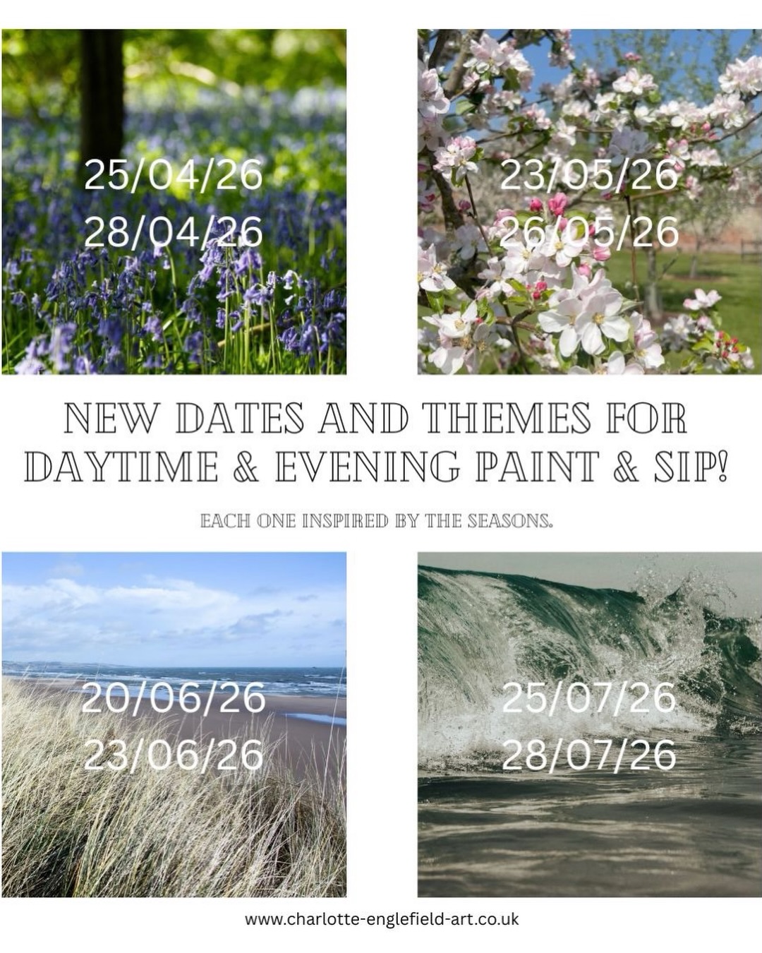New dates are out now on my website for Daytime and Evening Paint and Sip workshops.
‘Charlotte is an amazing teacher, she takes you slowly through the process of painting step by step and manages to make everyone produce something to be proud of. The studio is beautiful and in an amazing spot with incredible views. Every class I’ve done is so calming and chilled it’s a pleasure to take part, love every class! Bonus is the beautiful cakes!’ Julie
Instagram - click on 🔗 in bio
Facebook - https://www.charlotte-englefield-art.co.uk/art-workshops