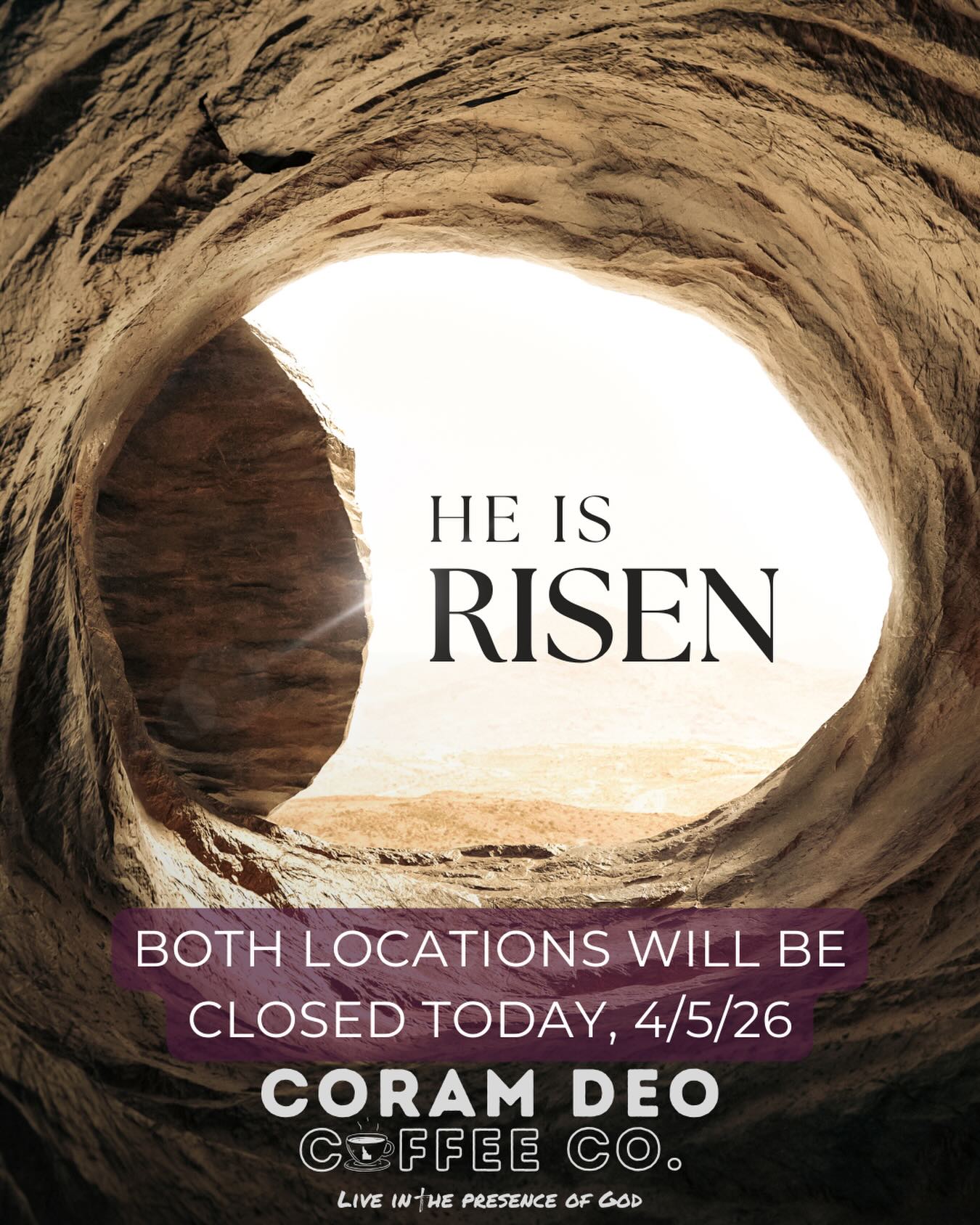 ๐ฟโ๏ธ He is Risen! โ๏ธ๐ฟ
Wishing you a blessed and joy-filled Easter from all of us at Coram Deo๐
We will be closed on Easter Sunday to spend time with our families and reflect on the meaning of this beautiful day.
โ Weโll be back and ready to serve you on Monday, April 6th with normal business hours! ๐
#HappyEaster #heisrisen #closedsunday #coramdeocoffeeco #coramdeocoffeeconorth