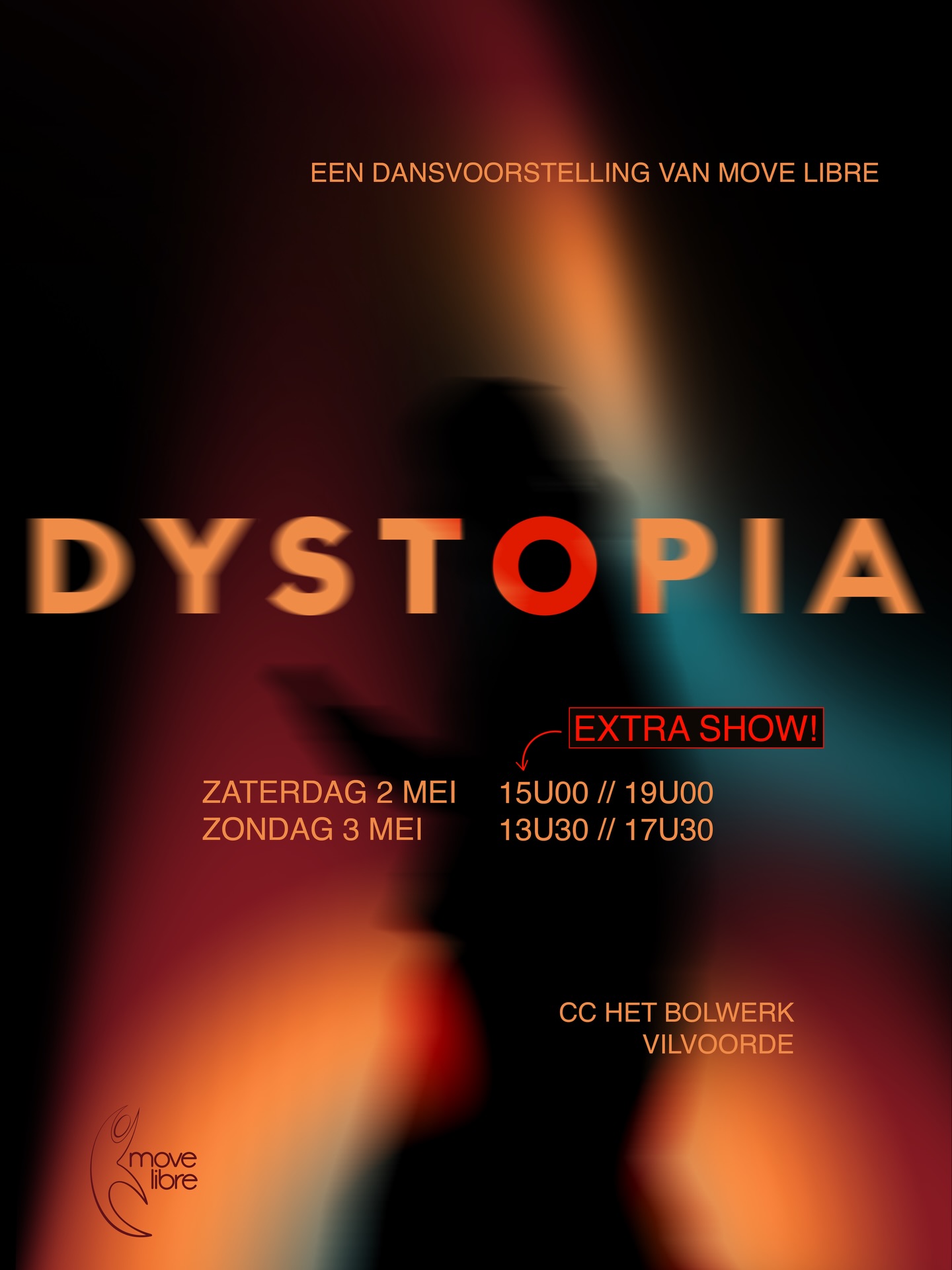 DYSTOPIA
2 & 3 mei 2026 // CC Het Bolwerk Vilvoorde
zaterdag 2 mei 15u00 (extra show!) - 19u00
zondag 3 mei 13u30 - 17u30
Laatste kaartenverkoop zondag 29/3 12u-14u (Basisschool Tilia Melsbroek)