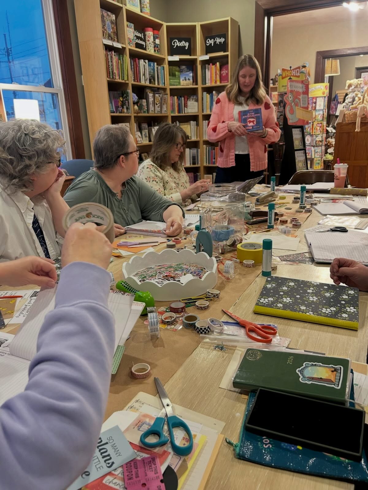 Another creative night in the bookshop with Dawnette and Erica making JUNK JOURNALS! Join them May 7 to learn to make BOOK VASES — for yourself or a special mother in your life! ❤️ Register at NeighborhoodReads.com! #community #indiebookshop