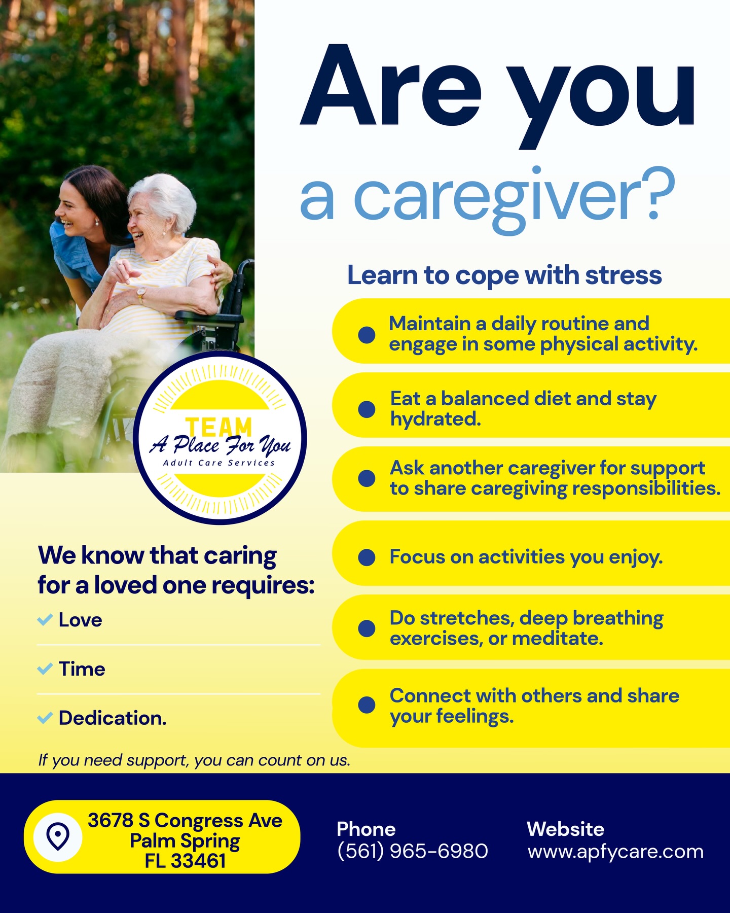 Caring for a loved one is an act of love, but it can also be a big responsibility. 💙
At A Place For You, we understand the effort, time, and dedication it takes to be a caregiver. That’s why we’re here to support you and provide a safe, engaging place for your loved one.
You don’t have to do it alone. We’re here to help.
Cuidar de un ser querido es un acto de amor, pero también puede ser un gran compromiso. 💙
En A Place For You entendemos el esfuerzo, el tiempo y la dedicación que implica ser cuidador. Por eso estamos aquí para brindarte apoyo y ofrecer un espacio donde tu familiar pueda estar seguro, acompañado y activo.
No tienes que hacerlo solo. Estamos aquí para ayudarte.
📞 561-965-6980
#Aplaceforyou
#CaregiverSupport
#AdultDayCare
#SeniorCare