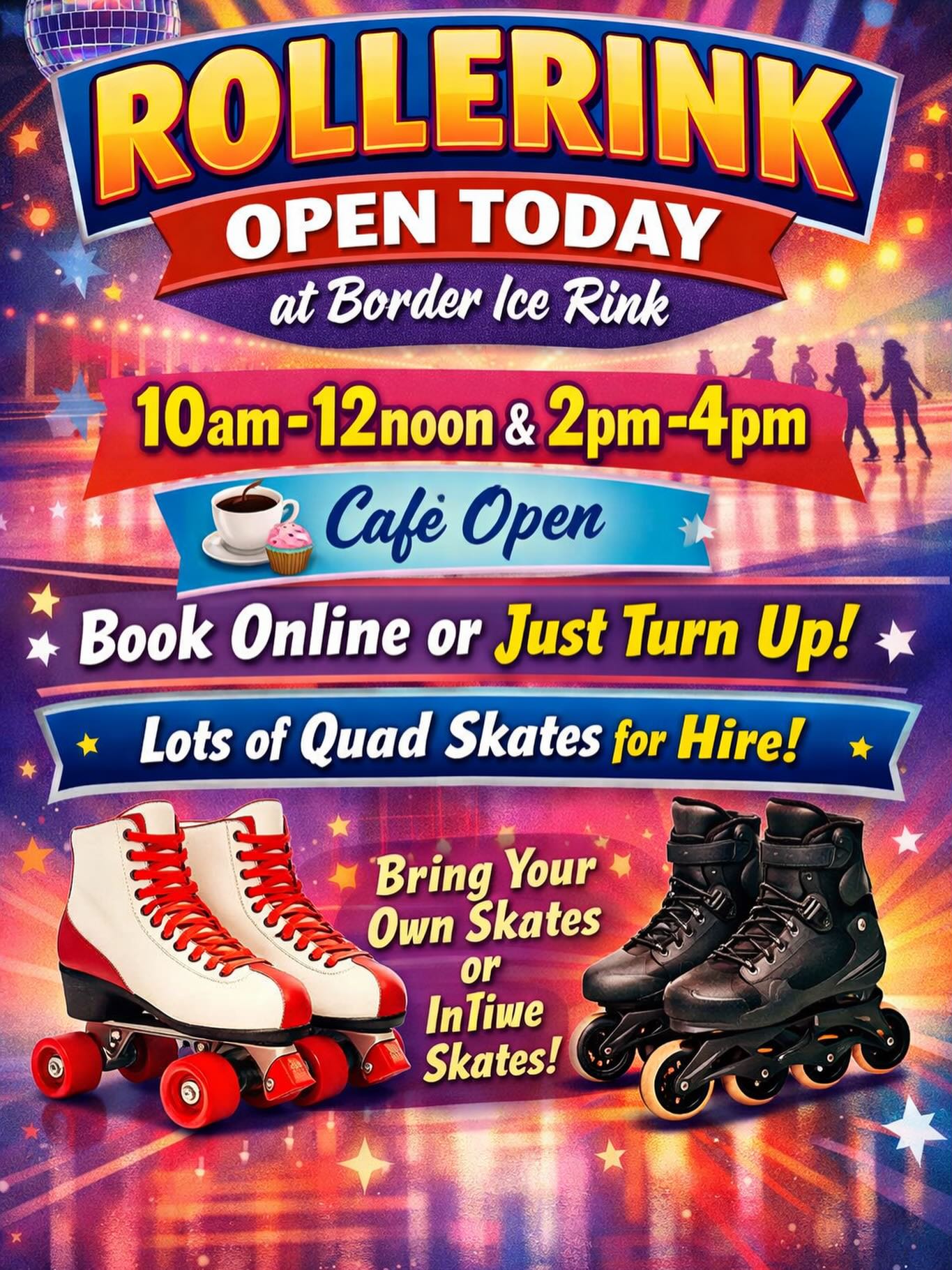 🛼 ROLLERINK OPEN TODAY! 🛼
Join us at Border Ice Rink for some rolling fun!
⏰ 10am–12 noon & 2pm–4pm
☕ Café open
No need to plan ahead — book online or just turn up!
✨ Lots of quad skates available for hire
✨ Bring your own skates or inline skates if you prefer
Perfect for all ages — come along, have fun, and get rolling! 🎶🛼