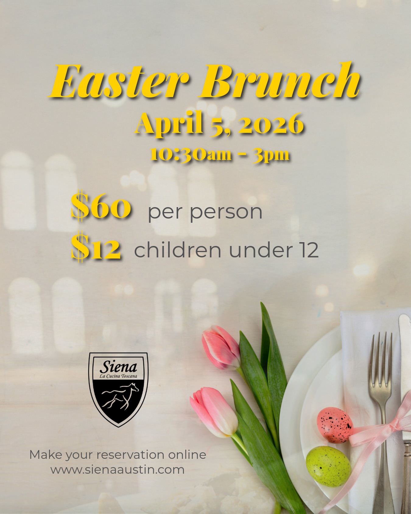 Easter brunch runs from 10:30 AM to 3 PM on Sunday, April 5. Pick three courses — one from each section — for $60 per person.
Antipasti:
~Soft boiled egg avocado toast with tomatoes, lemon oil, parsley, and slab bacon.
~Breakfast meatballs with cheese grits and cream gravy.
~Cotton candy crispy French toast with vanilla whipped cream and maple syrup. Whipped ricotta with spicy honey, Calabrian chili, and crispy garlic.
~Fichi ripieni — black mission figs, prosciutto, goat cheese, balsamic reduction.
Primi Piatti:
~Clam chowder with cream, bacon, and corn.
~Carbonara with fresh linguine, egg yolk, pecorino romano, and guanciale.
~Crab beignets with white remoulade.
~Campo salad with young mix greens and truffle balsamic vinaigrette.
Secondi Piatti:
~Pork chop Milanese with scrambled eggs and cheesy southern grits.
~8oz wood-grilled bistro beef filet with asparagus, mash potatoes, and red wine demi.
~Fettuccine ai funghi with wild mushrooms, truffle oil, grana padano, and cream.
~Walnut crusted trout with shrimp, mash potatoes, and lemon butter sauce.
~Tagliatelle alla bolognese.
~Stuffed shrimp with crabmeat, grits, and lemon butter sauce.
~Pollo alla Milanese — fried chicken cutlet with scrambled eggs, potato hash, and cream gravy.
~Stuffed salmon with shrimp, crab, and brie cheese, mash potatoes, lemon butter sauce.
Kids menu is $12.
Reservations recommended but not required.
Book at sienaaustin.com or call (512) 349-7667.
6203 N Capital of Texas Hwy, Austin, TX 78731
#ItalianFoodAustin #AustinItalian #sienaaustin #EasterBrunchATX