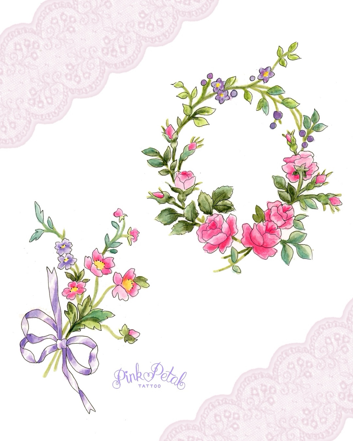 A couple new available textile floral tattoo designs, inspired by vintage fabrics 🩷
Textile design is one of my biggest inspirations. Partially because I used to do it for work, but also: The soft movement, deliberate organization, and careful color selection... The craft shares a lot in common with classical tattooing theories and design. These types of motifs are perfect for decorating the body in more ways than one. I don't think I'll ever get tired of it!
These would be beautiful as standalone pieces or gap fillers in a larger composition. We can do black & grey or change the colors, if you like. I'll only tattoo each design once, so reach out if you'd like to claim one ☺️
I'm Quinne aka Pink Petal Tattoo~ I make girly illustrative fairytale tattoos 🩷 Currently booking:
🌸 NYC thru May
🌸 Bay area CA May 8~11
Fill out my form to book with me!