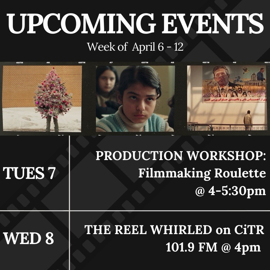 Last week of classes!
No Monday screening this week because of the holiday.