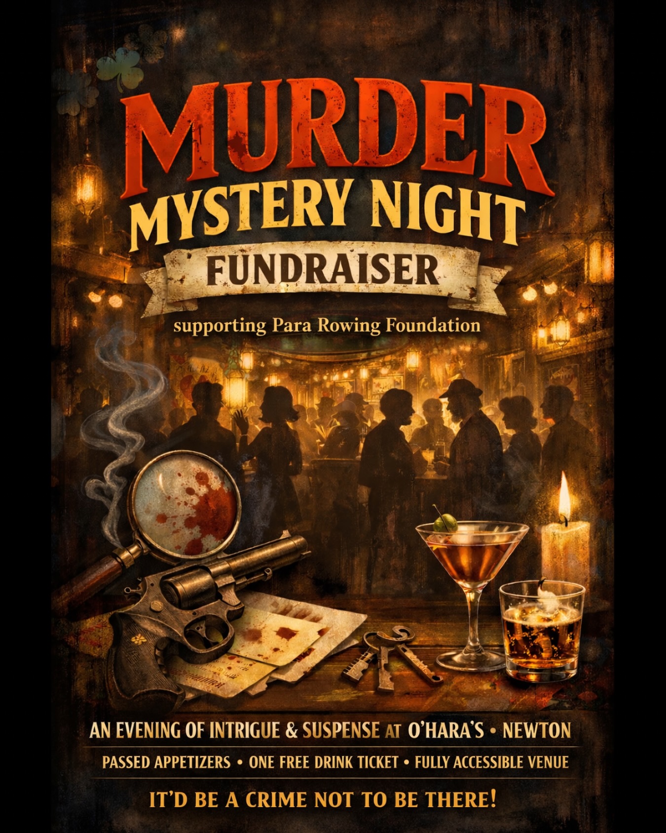 In 4 weeks’ time, someone will be murdered!
And you’re already on the suspect list.
Para Rowing Foundation would love for you to join us at our inaugural Murder Mystery Night Fundraiser at O’Hara’s Food & Spirits in Newton on Monday, April 27th. It’s going to be an evening of intrigue, laughter, and real purpose. Cocktail in hand, alibi at the ready.
Here’s what we know so far:
📍 The Scene: O’Hara’s Food & Spirits, Newton
📅 The Night: Monday, April 27
🔍 The Mission: Solve the mystery before it’s too late
Included with your ticket:
Passed appetizers (fuel for your detective work)
One free drink ticket (loosen your lips, or someone else’s)
A fully accessible venue
An evening of suspense and a lot of laughter
Every ticket goes directly toward supporting athletes with impairments through the sport of rowing. This is the work, we at PRF care deeply about, and your presence means the world to us and to our athletes.
Tickets are limited. The murderer will not wait.
We hope to see you at the scene.
BUY YOUR TICKETS HERE: Link in bio
It’d be a crime not to be there.
#MurderMysteryFundraiser #ParaRowing #everyBODYrowing