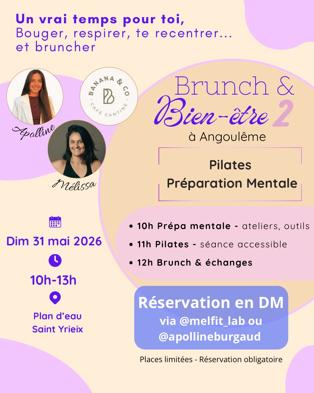 Tu n’arrives jamais à t’arrêter mentalement 🤯 et ton corps commence à parler : tensions, fatigue, douleurs…
👉 Il est peut-être temps de t’offrir une vraie pause. Alors cette matinée est faite pour toi.
On t’accompagne pour :
🧠 Apaiser le mental et comprendre ce qui t’empêche de ralentir
🤍 Une séance de pilates pour renforcer le corps et apaiser les tensions
🥐 Savourer un moment convivial autour d’un brunch
Un temps pour relâcher. Respirer. Te reconnecter.
📅 Dimanche 31 mai 2026
⏰ 10h – 13h
📍 Plan d’eau de St Yrieix
💰 40 € / personne
⚠️ Places limitées
📩 Réservation : DM @melfit_lab ou @apollineburgaud
Parce que parfois, s’arrêter vraiment… ça s’apprend 🍀
Tu viens ? 🍃