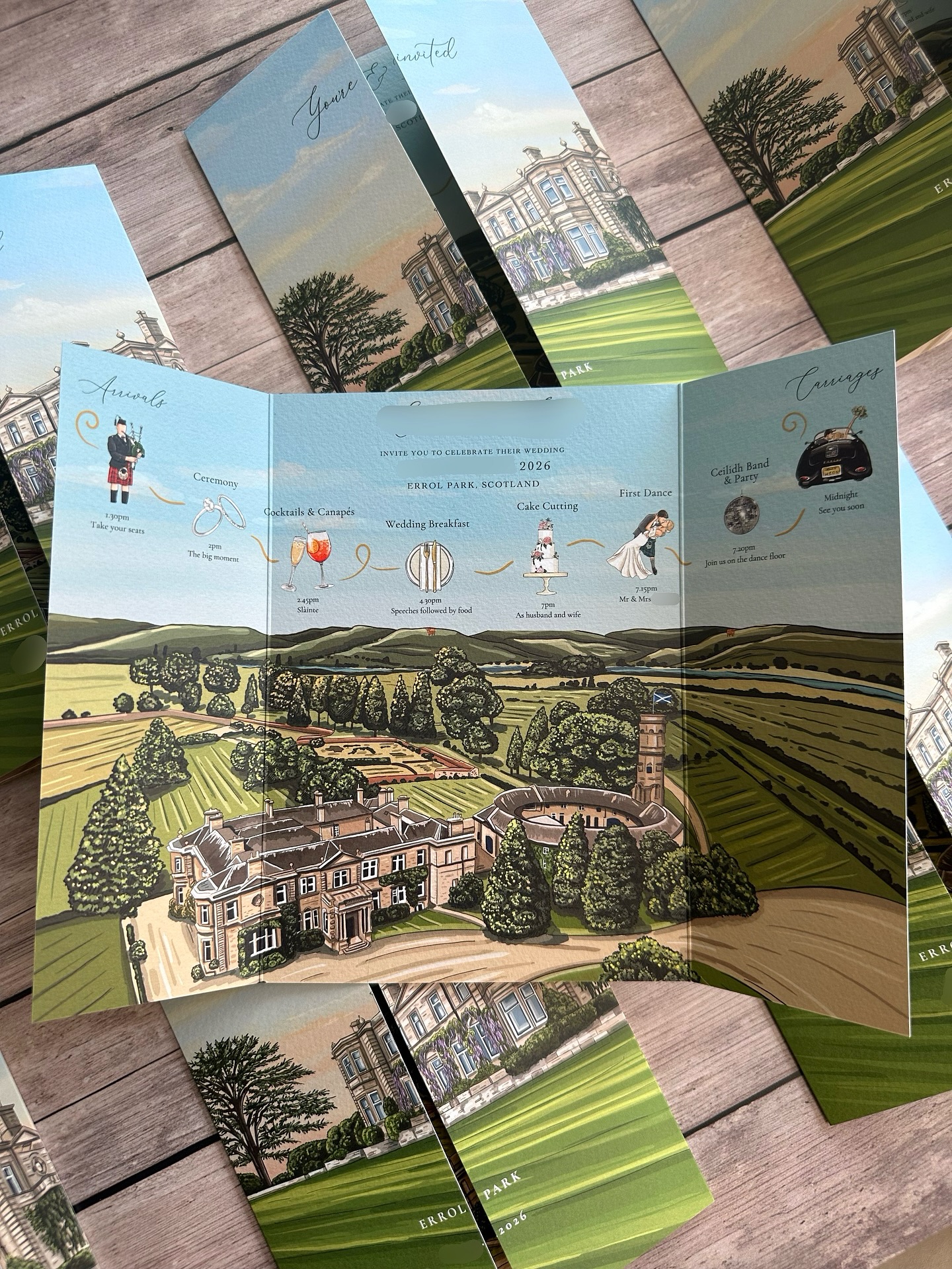 A fully illustrated wedding invitation for Errol Park, Scotland 🤍From bagpipes to the first dance…every detail is hand-drawn to tell their story. 🏴
#weddinginvitation #bespokeillustration #weddingstationery #scottishwedding #errolpark