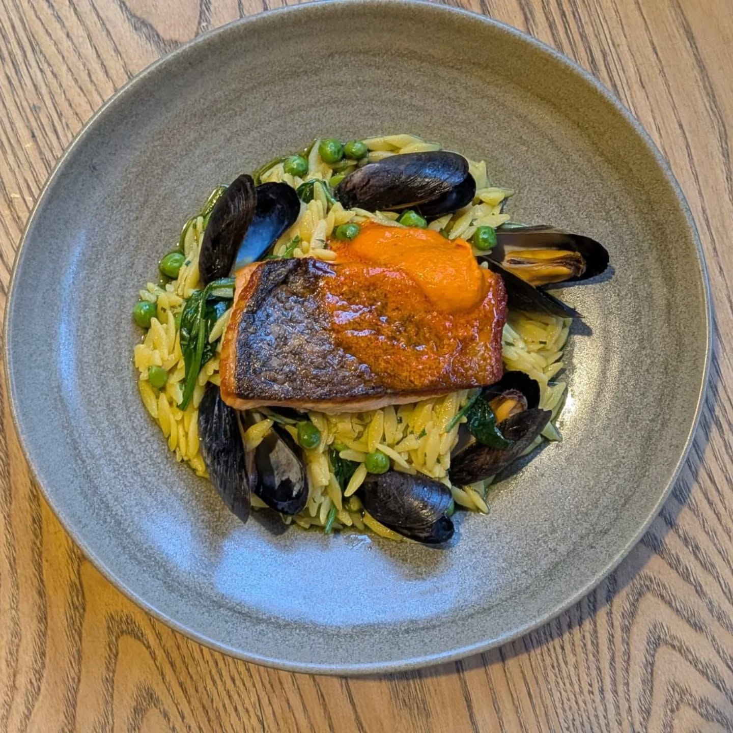 Pan fried Salmon Fillet, Saffron Orzo, Mussels, White wine, Spinach, Rouille. #bristolpubscene #bristolfood #fintasticvibes