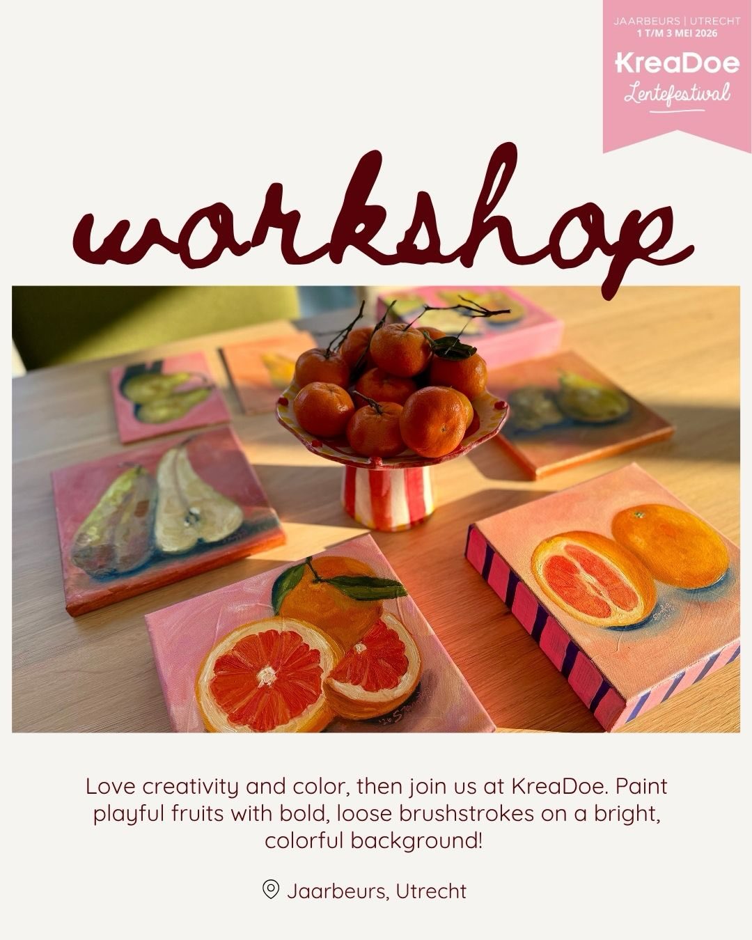 Excited to share that I’ll be at KreaDoe this May! 🍊
Join my Loose Brushstroke Fruit Painting Workshop
A fun, beginner-friendly session where you’ll create a vibrant, playful fruit painting with acrylics (all materials included ✨).
💛 Special offer: Sign up with a friend and you’ll both save €10!
Instead of €27,50 pay only €17,50/person
Spots are limited, book via link in bio or
SamanthaTangStudios.com/kreadoe2026
#kreadoe #utrechtcreatives #artworkshop #paintandcreate #creativelife