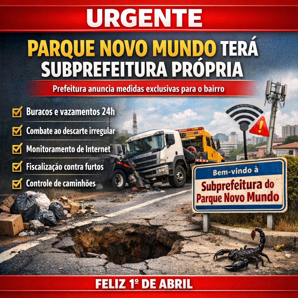 🎭😂 URGENTE: Parque Novo Mundo terá subprefeitura própria a partir de hoje
Calma… antes de acreditar, lê até o final 👇
Segundo informações “exclusivas”, após tantos acontecimentos no bairro — enchentes, acidentes, furtos, internet instável, escorpiões e diversos problemas recorrentes — a prefeitura decidiu criar uma subprefeitura exclusiva para o Parque Novo Mundo 😅
📢 Entre as medidas anunciadas:
– Departamento de buracos e vazamentos 24h
– Equipe de combate ao descarte irregular em tempo real
– Central de monitoramento de internet (pra ver se resolve 👀)
– Fiscalização reforçada contra furto de fios e registros de água
– Operação especial para trânsito e circulação de caminhões
Também foi anunciado que a Praça Novo Mundo será ponto central das decisões do bairro, com reuniões e ações mais próximas da população.
⚠️ Mas calma…
Se você acreditou em alguma coisa até aqui…
🎭 Feliz 1º de Abril!
Brincadeiras à parte, a gente sabe que os problemas são reais — e seguimos aqui informando, cobrando e dando voz pra comunidade.