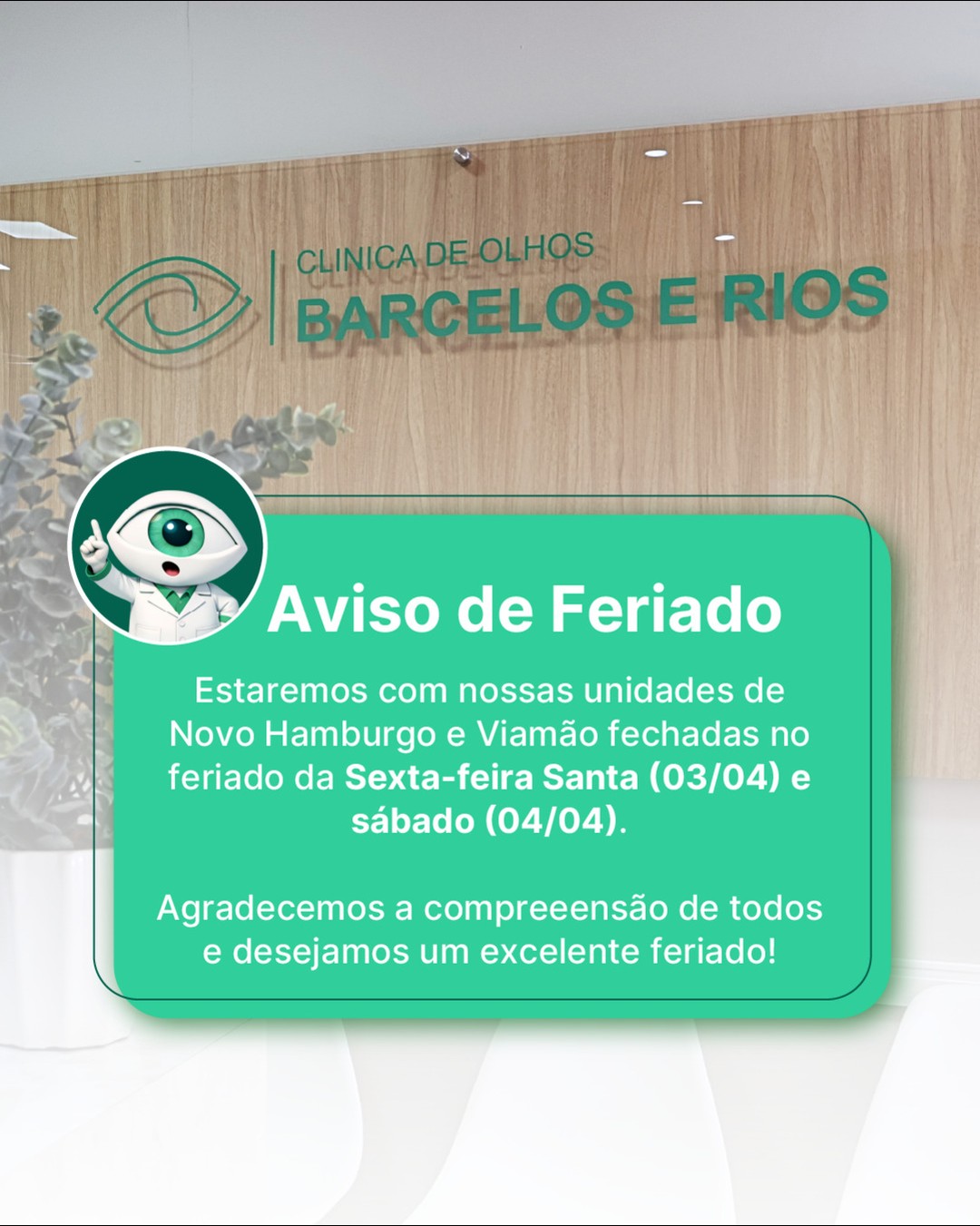 Aviso importante! ⚠️
Em razão do feriado da Sexta-feira Santa (03/04), as nossas unidades estarão fechadas nos dias 03/04 e 04/04.
Agradecemos a compreensão de todos e desejamos um bom feriado! 🤍
Como anda a sua visão? Conheça os nossos serviços e agende a sua consulta!
#clinicadeolhos #oftalmologista #saudeocular #visoa #visaomonocular #barceloserios #viamao #novohamburgo