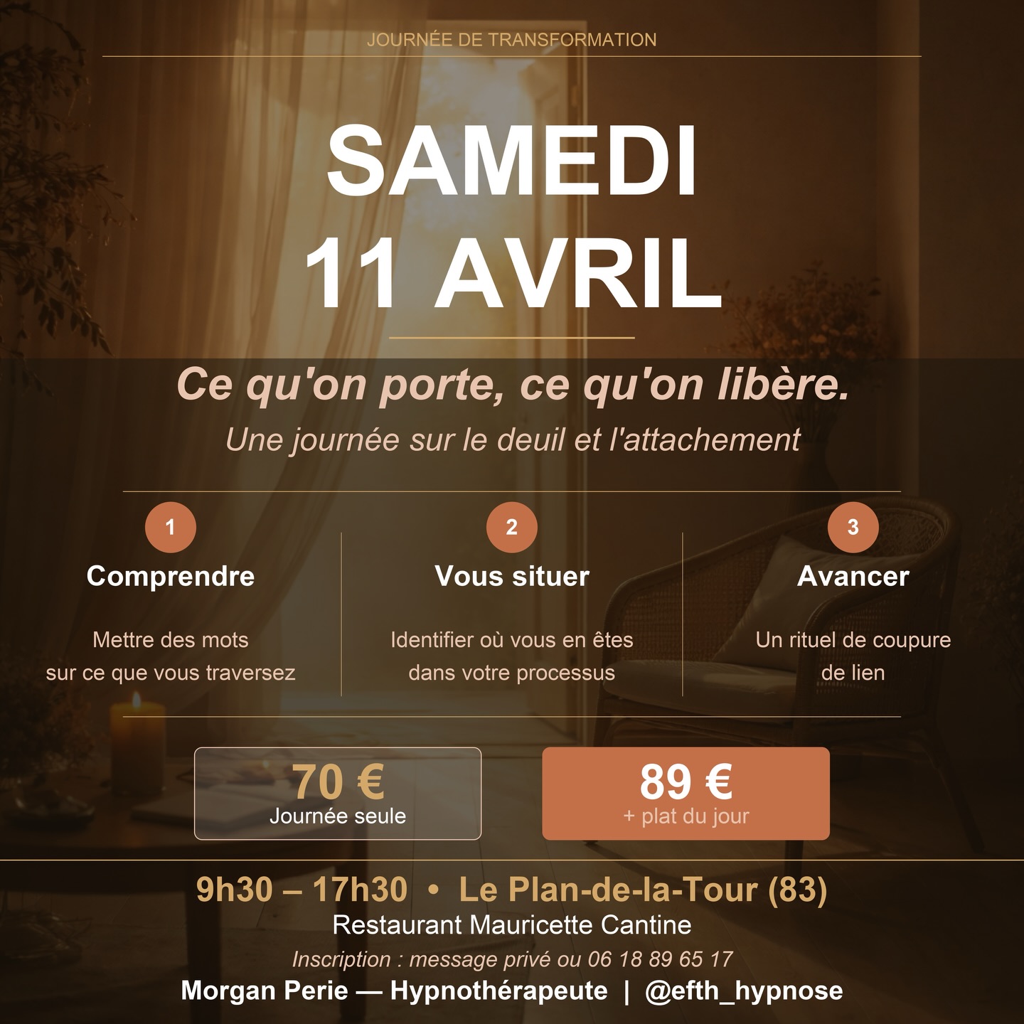 Il y a des pertes qu’on ne sait pas nommer.
Pas de faire-part. Pas de condoléances. Juste quelque chose qui n’est plus là — et un poids qu’on continue de porter, souvent seul, souvent en silence.
La fin d’une relation. La mort d’un proche. Un travail qu’on aimait. Une maison qu’on a dû quitter. Un enfant qu’on n’a pas eu. Une amitié qui s’est effilochée. Une version de soi qu’on ne retrouvera plus. Un avenir qu’on s’était imaginé et qui ne viendra pas.
Le deuil prend beaucoup de visages. Pas tous reconnus. Pas tous autorisés.
Le 11 avril, je vous propose une journée pour mettre des mots sur ce que vous traversez, comprendre où vous en êtes, et repartir avec quelque chose de concret.
En petit groupe. Dans un cadre chaleureux. Avec du temps, de l’espace, et un rituel de coupure de lien pour créer un vrai avant et après.
📍 Le Plan-de-la-Tour (83)
📅 Samedi 11 avril — 9h30 à 17h30
👥 8 places maximum
💶 70€ ou 89€ avec suggestions du jour
Lien en bio ou message privé pour s’inscrire.
Vous pouvez aussi m’appeler ou m’écrire au 06 18 89 65 17.
Morgan Perie — Hypnothérapeute et formateur en hypnose
#deuil #hypnose #attachement #cercledeparole