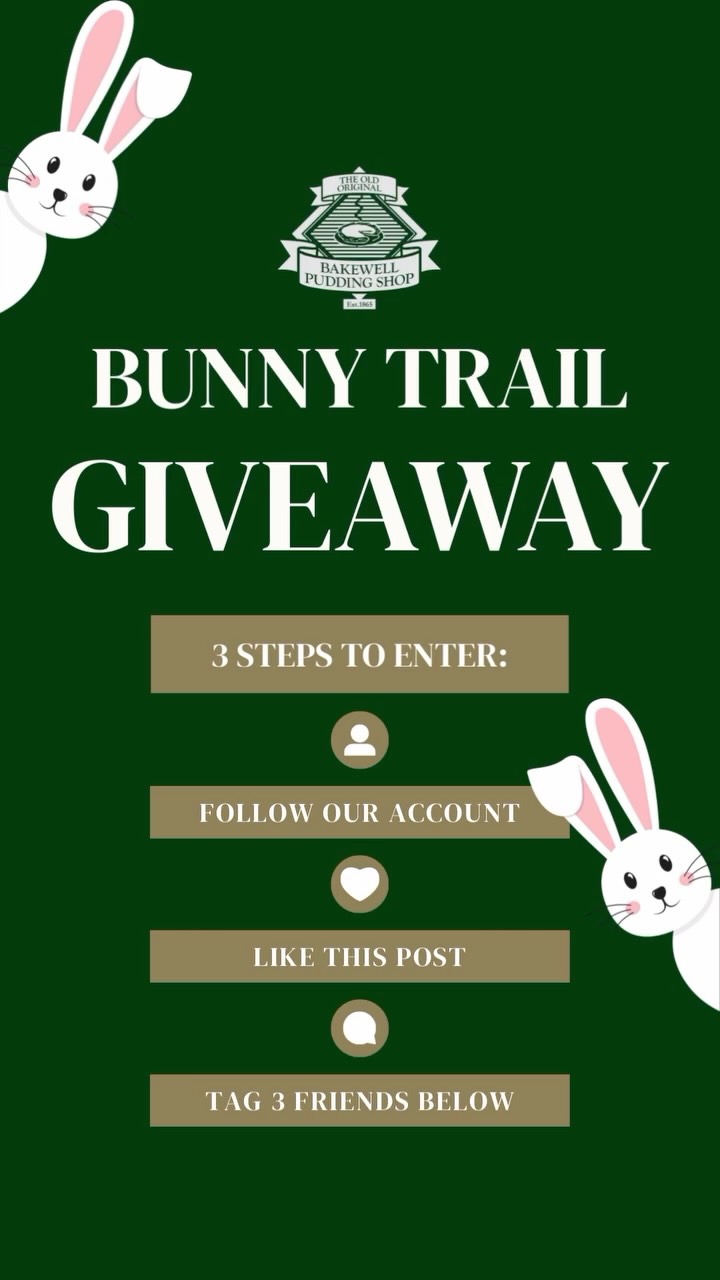 GIVEAWAY CLOSED 🚫
🎉 Easter Giveaway! 🐰🌸
To celebrate the 2nd annual Bakewell Bunny Trail, we’ve teamed up with some of our brilliant trail partners to bring you an Easter hamper full of treats and seasonal surprises 🐣
One lucky winner will receive the hamper pictured, packed with goodies from:
✨ @joules_of_bakewell
✨ @wardsshoes
✨ Jollypots
✨ Mind Charity Shop Bakewell
✨ @minichic__
✨Maxwell’s Bookshop
✨ Stone Art Jewellery
✨ And of course, The Old Original Bakewell Pudding Shop!
How to enter:
📱 Follow: @realbakewellpud, @joules_of_bakewell, @wardsshoes and @minichic__
👪 Tag three friends with little ones who love Easter
❤️ Like this post and share it to your story for an extra entry!
🗓️ Entries close: Monday, 6th April at 11:59PM
🏆 Winner announced: Tuesday 7th April 2026 – good luck!
This competition is not sponsored or endorsed by Meta. No purchase necessary. By entering, you agree to be contacted via DM if selected as the winner and for your username to be shared in a future post or story. The winner must respond within 48 hours and collect the prize from Bakewell by 30/04/2026. The Old Original Bakewell Pudding Shop reserves the right to amend or withdraw the giveaway at any time. Offensive or spam entries will be disqualified
#bakewellbunnytrail #giveaway #bakewell #eastergiveaway