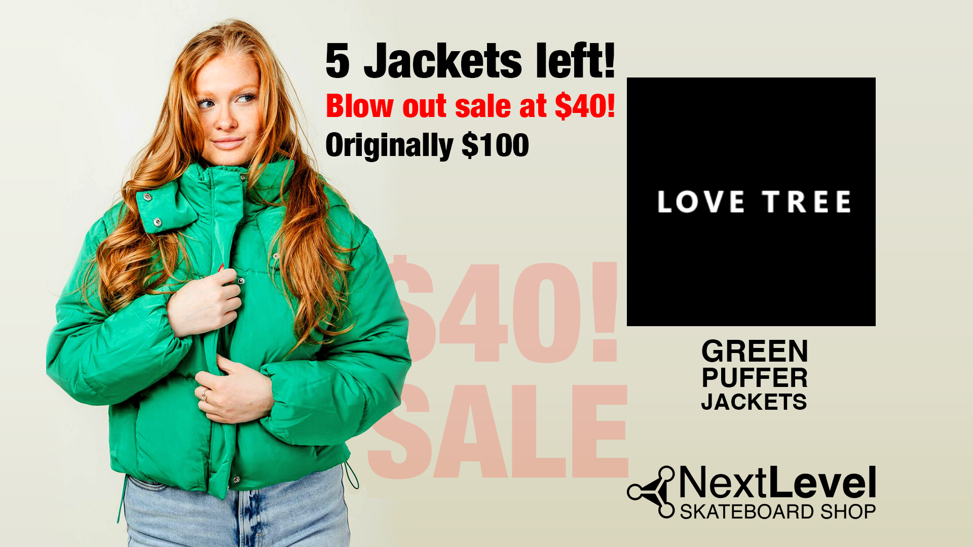 🔥 SALE ALERT 🔥
Love Tree Green Puffer Jackets are now on sale!
Originally $100 — NOW ONLY $40 💥
These jackets were super popular and we’re down to the LAST 5!
Don’t miss out — once they’re gone, they’re gone.
Stop by and grab yours before they disappear!
@nextlevel_skateboards