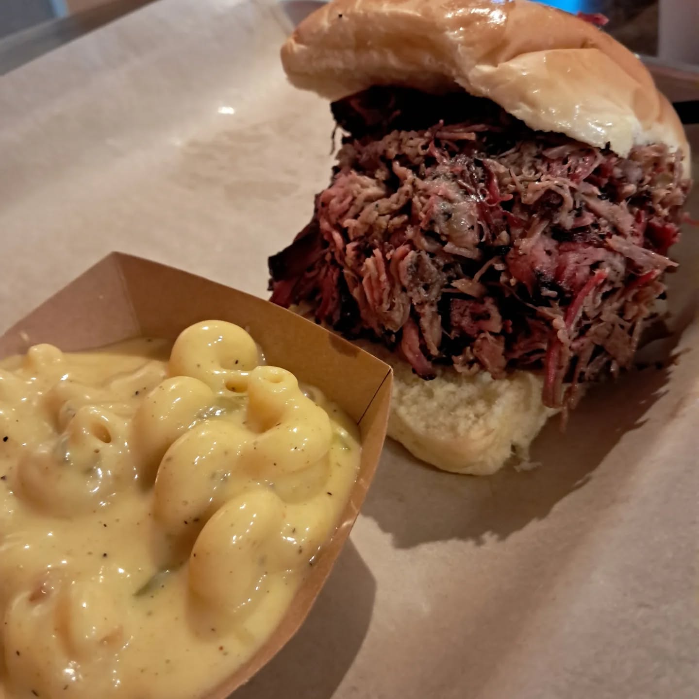 Gave Canyon Joe's in the LNK a spin with a brisket sandwich and some saucy golden mac. The brisket had good flavor and was not dry even in its pulled form and the bun was a good choice as well for a brisket holder. I tried the sandwich with both the regular and golden BBQ sauce. The golden was my favorite but the sandwich really doesn't need sauce. Bout that mac tho....stellar. Ever so slightly spicy and super creamy and flavorful with great pasta texture.
Be well out there. Happy Faturday and remember to Connect With Food.