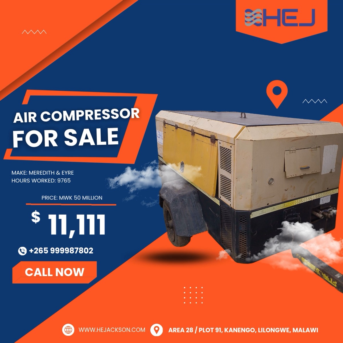 ⚠️ M&E AIR COMPRESSOR FOR SALE ‼️ ‼️
Equipment Type: Air Compressor
Make: Meredith & Eyre
Hours worked: 9765
Offer price: MWK 50 million / USD 11,111
Contact H.E. Jackson Engineering Malawi here: sales@hejackson.com or directly here: +265 999987802
#aircompressorforsale #equipmentsalesmalawi