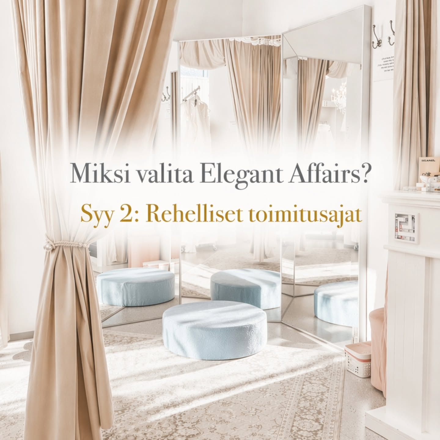 Miksi valita Elegant Affairs?
Syy 2: Rehelliset toimitusajat
Useimmat morsiamet ovat kuulleet tämän:
"𝐒𝐢𝐧𝐮𝐥𝐥𝐚 𝐞𝐢 𝐨𝐥𝐞 𝐚𝐢𝐤𝐚𝐚 — 𝐭𝐢𝐥𝐚𝐚 𝐡𝐞𝐭𝐢"
Me emme toimi niin.
Me emme painosta sinua ostamaan kiireessä pelon vuoksi.
Kerromme rehellisesti: useimmat hääpuvut saapuvat 3–4 𝐤𝐮𝐮𝐤𝐚𝐮𝐝𝐞𝐬𝐬𝐚.
Ja monet Suomessa käsin valmistetut puvut valmistuvat jopa 8–12 viikossa.
Sinulla on aikaa 🤍 Ja sinulla on valinta 🤍
👉 Varaa sovitusaika
#elegantaffairshelsinki #häämekko #hääpukusuunnittelija ##morsian #morsiuspuku