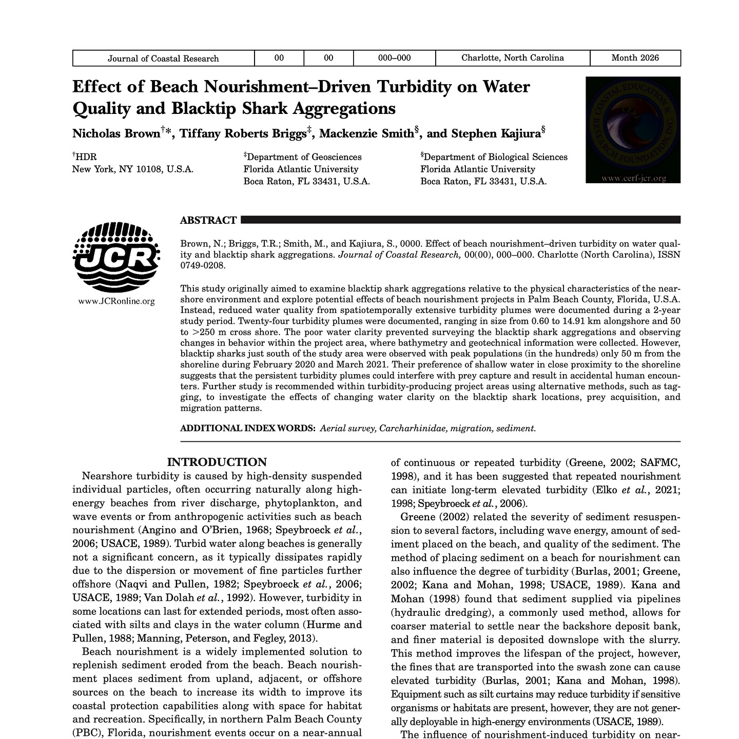 Congratulations to @fauscience #alumnus @nick_brown4 on the #publication of his #dissertation #chapter that examined the impact of #beach #nourishment on #blacktip #sharks in the nearshore #environment. He correlated #aerial #survey #data on #shark abundance with #sediment plumes and integrated #blockcam #footage from @macshmenzy who quantified #baitfish abundance. These turbidity plumes can persist for longer than expected and have the potential to contribute to increased numbers of shark bites on #beachgoers. Thanks to @colganfoundation and @usacehq for supporting this #research. #fieldwork #aerialsurvey #graduate #student #gradstudent