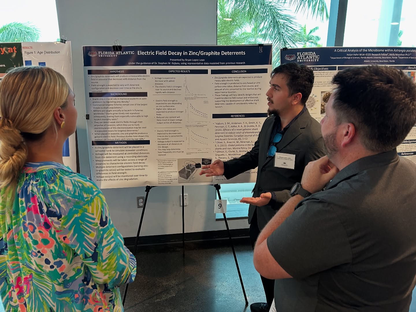 #congratulations to @bryan_man_the_first for presenting his #poster on the #electric #field properties of a #shark #deterrent at the @fauecos #undergraduate #symposium. He has designed and built a mechanism to position a deterrent at various distances from a #recording #electrode to measure how the #e-field #decays in #seawater. He is doing great work on his #research project and we are looking forward to more results soon.
