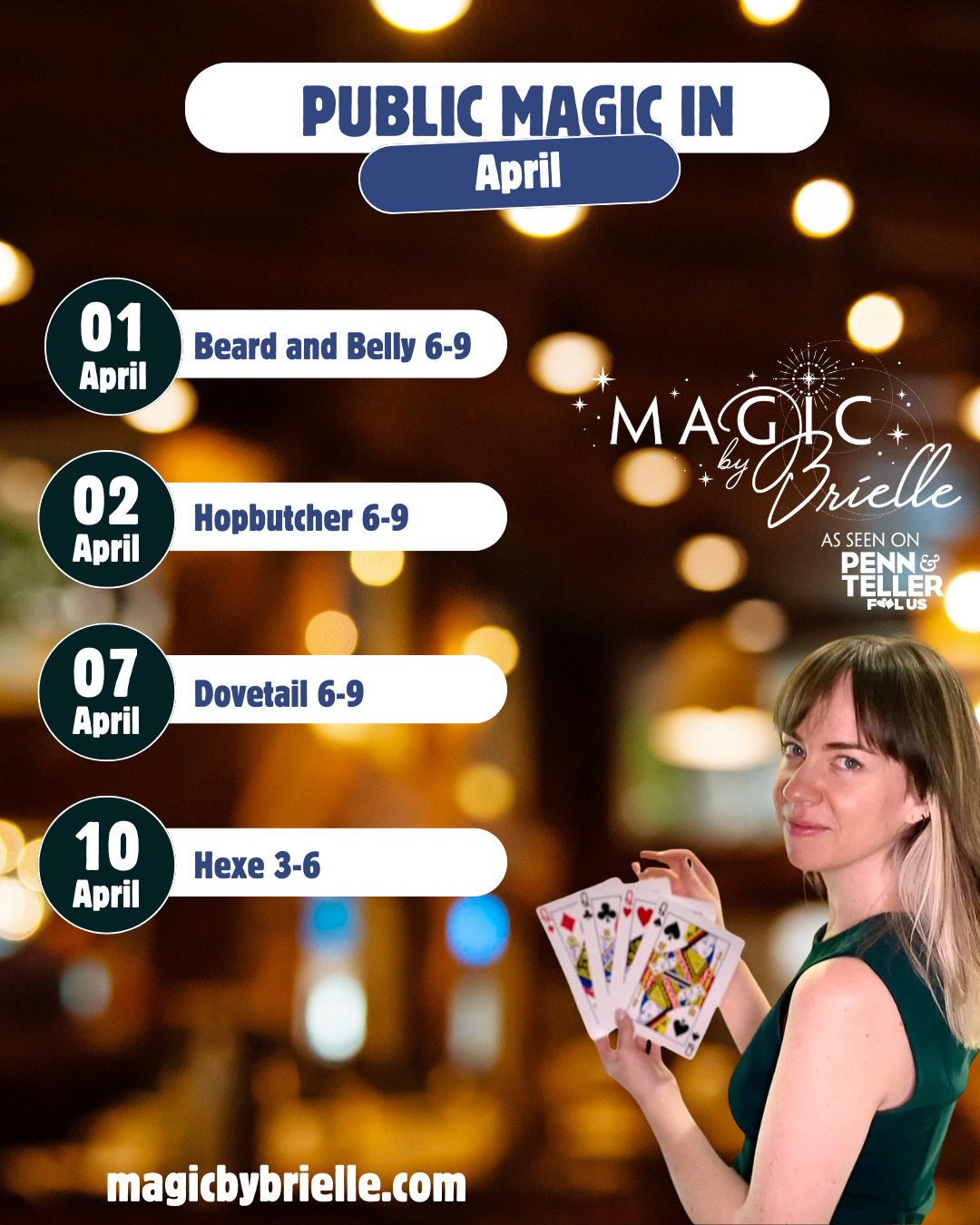 Public magic events in APRIL:
Come see me at:
@dovetailbrewery
@beardandbellychi
(Not an April Fools joke!)
@hexecoffee with @nyla.firoz
@hopbutcher
These events are all free and all family friendly. These are all tableside magic events, please tell a staff member you would like to see magic!
Email me or DM me for private event requests!
