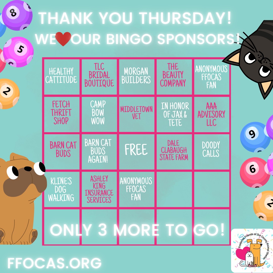 It's Bingo time for our local homeless pets at @fredcoanimalshelter!
On April 19th, we are giving away $200 per Bingo game again this year, and so we need sponsors for each game in exchange for advertising on social media and at Bingo to help us give away this awesome prize 20 times without having to dip into our money for homeless pets! We are so grateful to already have these 17 sponsors! We just need THREE more to make it happen!
Would you like to sponsor or know a sponsor?
E-mail our Volunteer Events Coordinator at dmfoland@aol.com!
Can't sponsor but want to come play? Get your tickets here!
https://FFOCASBINGO2026.eventbrite.com
Hate EventBrite fees? Get your tickets at @tlcbridal this Saturday from 11:00-4:00 for $35!
Thank YOU!
#bingo #helpus #charitybingo #getyourtickets #bingotickets #homelesspets #frederickmdbingo #bingolovers #bingofans #petlovers #raffles #sponsorus #sponsorsneeded
@fetchthriftshop @morganbuildersllc @campbowwowfrederickmd @doodycallsfrederick @thebeautycompanysalonspa
https://www.statefarm.com/.../dale-clabaugh-6z5xw1ys000
https://ashleykinginsuranceservices.com/