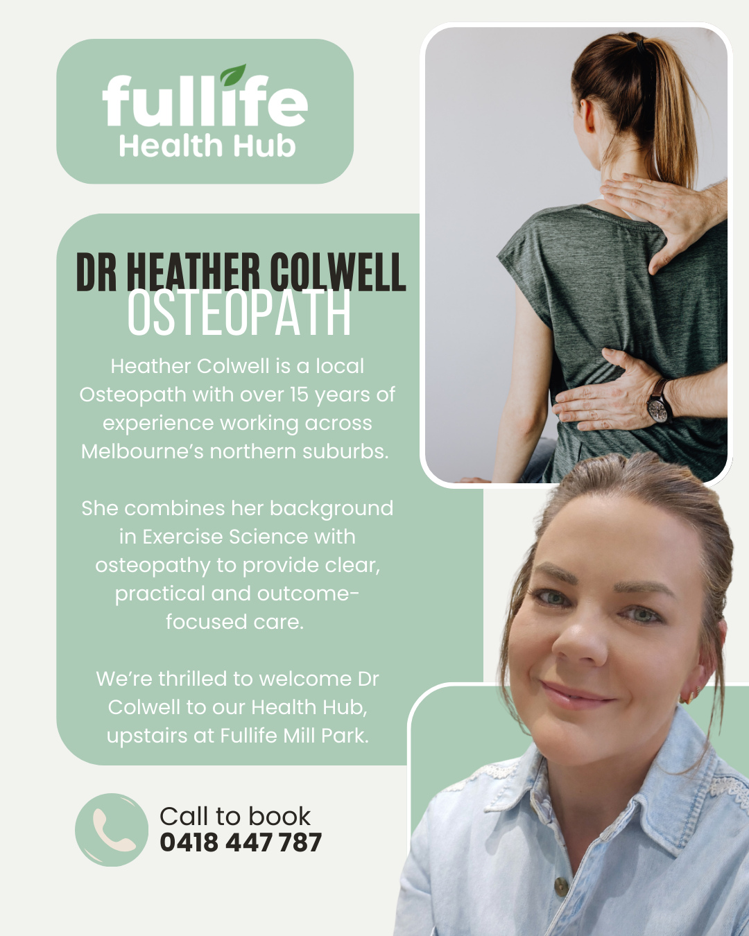 We're thrilled to welcome Dr Heather Colwell to our upstairs Health Hub at Fullife Mill Park!
Dr Colwell is a local Osteopath with over 15 years of experience working across Melbourne’s northern suburbs.
She combines her background in Exercise Science with osteopathy to provide clear, practical and outcome-focused care.
You can book via phone (0418 447 787) or visit northernosteorehab.com.au