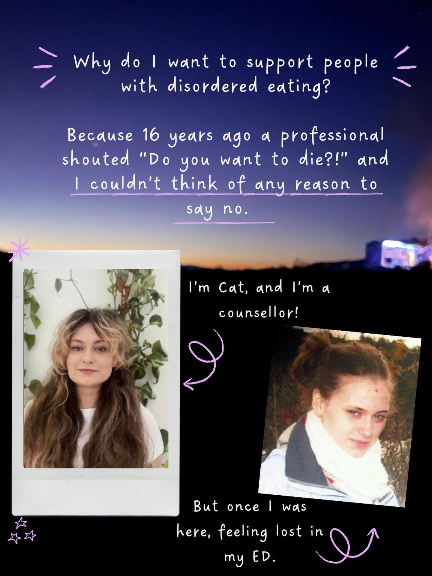 CW: eating disorders.
Hello! I’m Cat, I’m a counsellor and I have been *there* (in my own personal way of course). I’m here to be with you in this painful and difficult place, gently and without judgement. Let’s talk 🌱
#therapyforanorexia #therapyforeatingdisorders