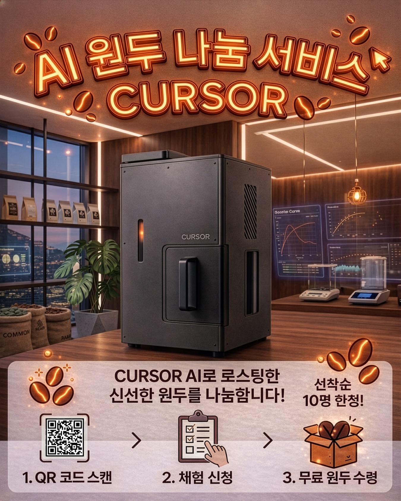 🤖
🤖AI 원두 나눔 서비스💌
☕ 리오나이 Cursor가 궁금하셨다면,
이제 직접 맛으로 경험해보세요.
✍🏻 원하는 맛이나 분위기를
”프롬프트“로 남겨주시면,
리오나이 Cursor가 ’AI 로스팅‘으로 완성해드립니다.
🌿 매주 생두가 달라져요!
🫛생두 정보는 “신청 링크”에서 확인하세요!
📆 진행 기간
4월 한 달 동안(4주)
매주 월요일 “오전 11시” 신청링크 오픈!
✅ 신청 방법
1. QR코드 또는 링크로 접속(📌고정 댓글 확인)
2. 신청서 작성
3. 선정 확인(스토리)
✨ 프롬프트가 맛이 되는 경험!
리오나이 Cursor로 직접 확인해보세요.
📌 안내 사항
* 매주 월요일 신청 링크가 열립니다.
* 선착순 10명.
* 매주 중복 신청 가능합니다.
* 생두 100g으로 로스팅한 원두를 나눕니다.
* 선정되신 분들은 스토리로 안내드립니다.
* 배송비는 ”착불“로 진행됩니다.