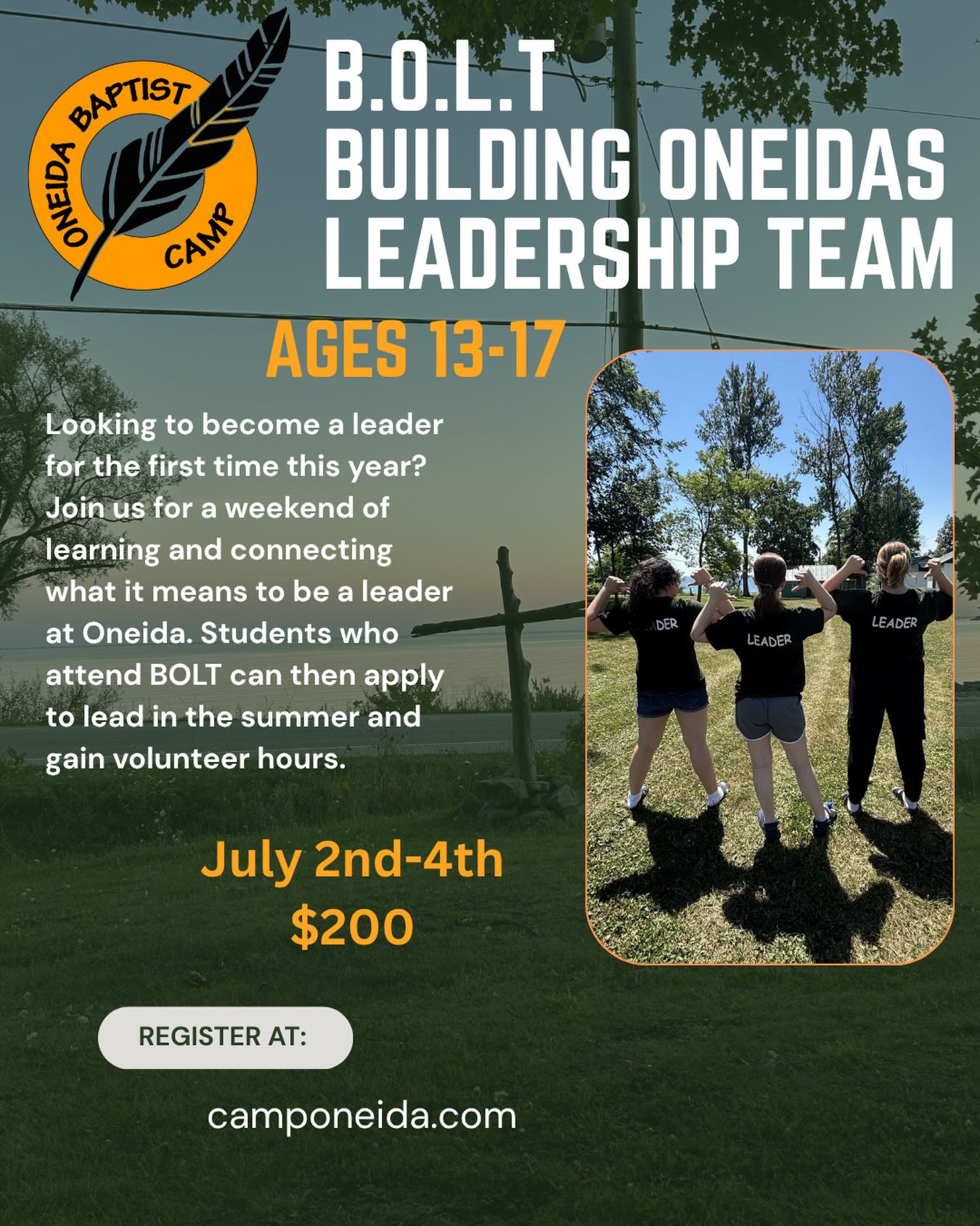 Do you want to help lead the next generation? Building Oneidas Leadership Team (BOLT) is our leadership program for teens to help guide the next generation of campers towards God! ☀️✝️🏕️
Sign up for BOLT today!
https://www.camponeida.com/