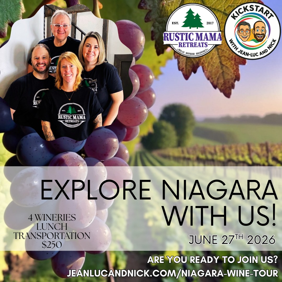 🍷 NEW DAY EVENT – Niagara Wine Tour! 🍇
Spend the day exploring beautiful vineyards, enjoying wine tastings at 4 wineries, and sharing a delicious lunch with great company. Transportation from Vaughan Mills Mall is included, so all you need to do is relax and enjoy the day.
Spots are limited, and this is going to be a fun one. 🍷
👉 Reserve your seat:
https://jeanlucandnick.com/niagara-wine-tour
Tag the friends you’d love to bring along! 🍇
#NiagaraWineTour #RusticMamaRetreats #KickStartCommunity