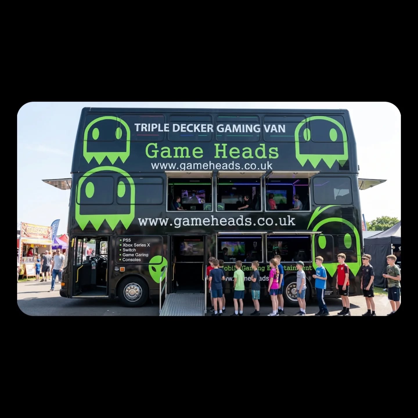 Our newest triple decker bus is amazing , 3 floors of gaming fun , another world's first from Game Heads.